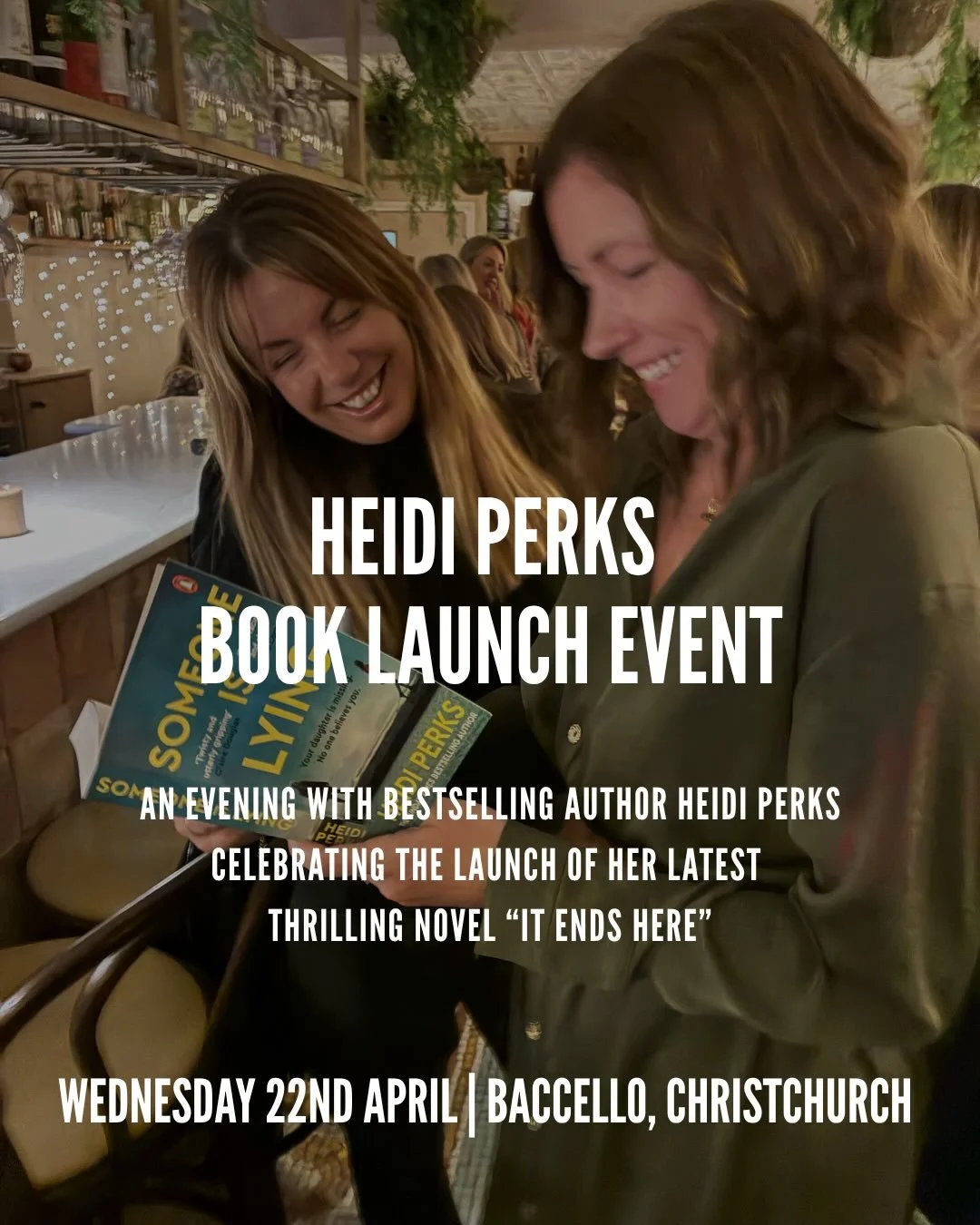 We&rsquo;re so excited to welcome back Heidi Perks to Baccello for the launch of her brand new novel It Ends Here 📖✨

🗓 Wednesday 22nd April, 7pm
📍 Baccello, Christchurch

After last year&rsquo;s sold-out event, we&rsquo;re doing it all again &mda