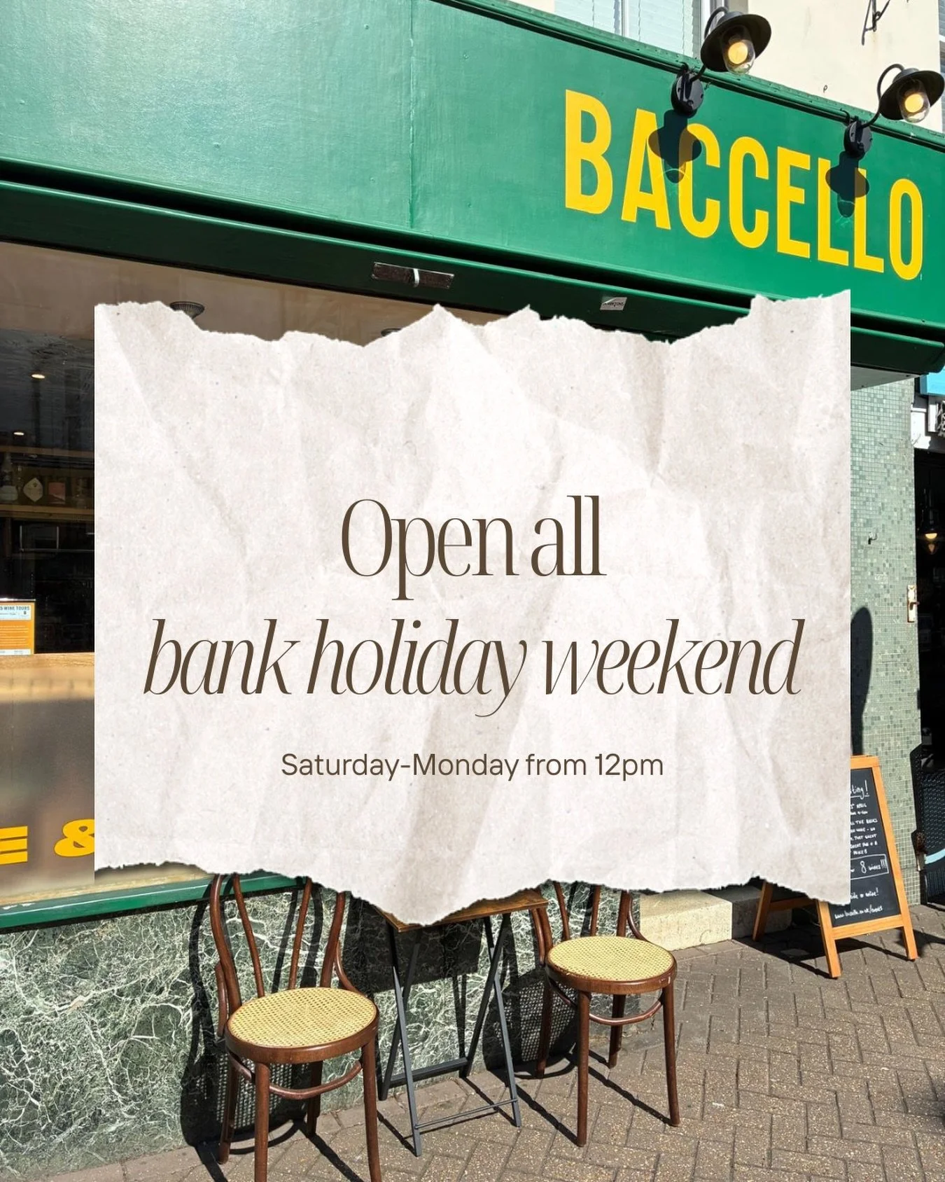 LONG WEEKEND, SORTED 🇮🇹✨

We&rsquo;re open all bank holiday weekend &mdash;
perfect excuse for a long lunch, a glass (or two), and something to nibble on.

📅 Saturday 2nd May
📅 Sunday 3rd May
📅 Monday 4th May (Bank Holiday)
🕛 From 12pm

Walk in