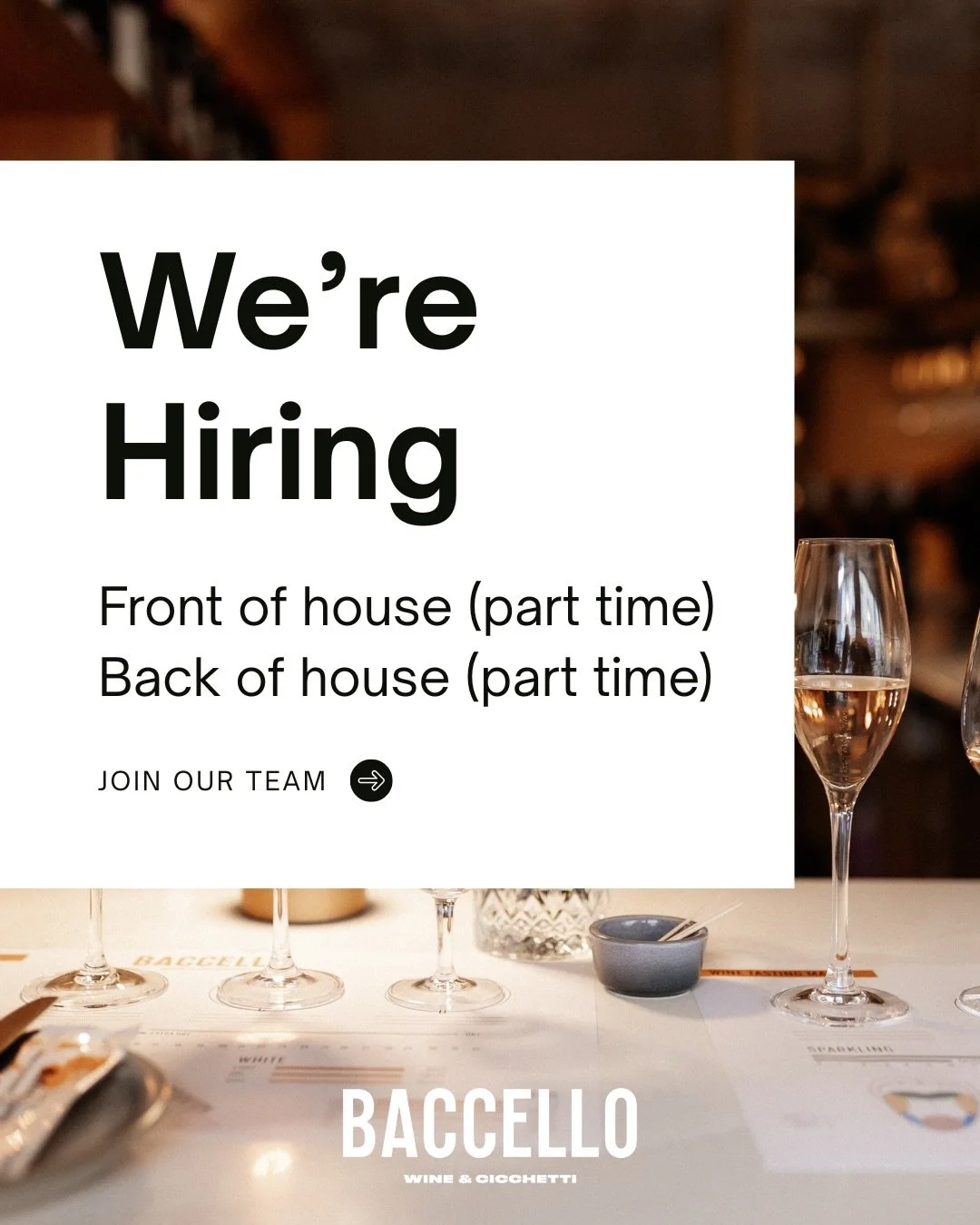 We&rsquo;re growing the team at Baccello 🍷

We&rsquo;re currently looking for part-time Front of House &amp; Back of House team members to join us in Christchurch.

If you&rsquo;re passionate about hospitality, love working in a fast-paced environme