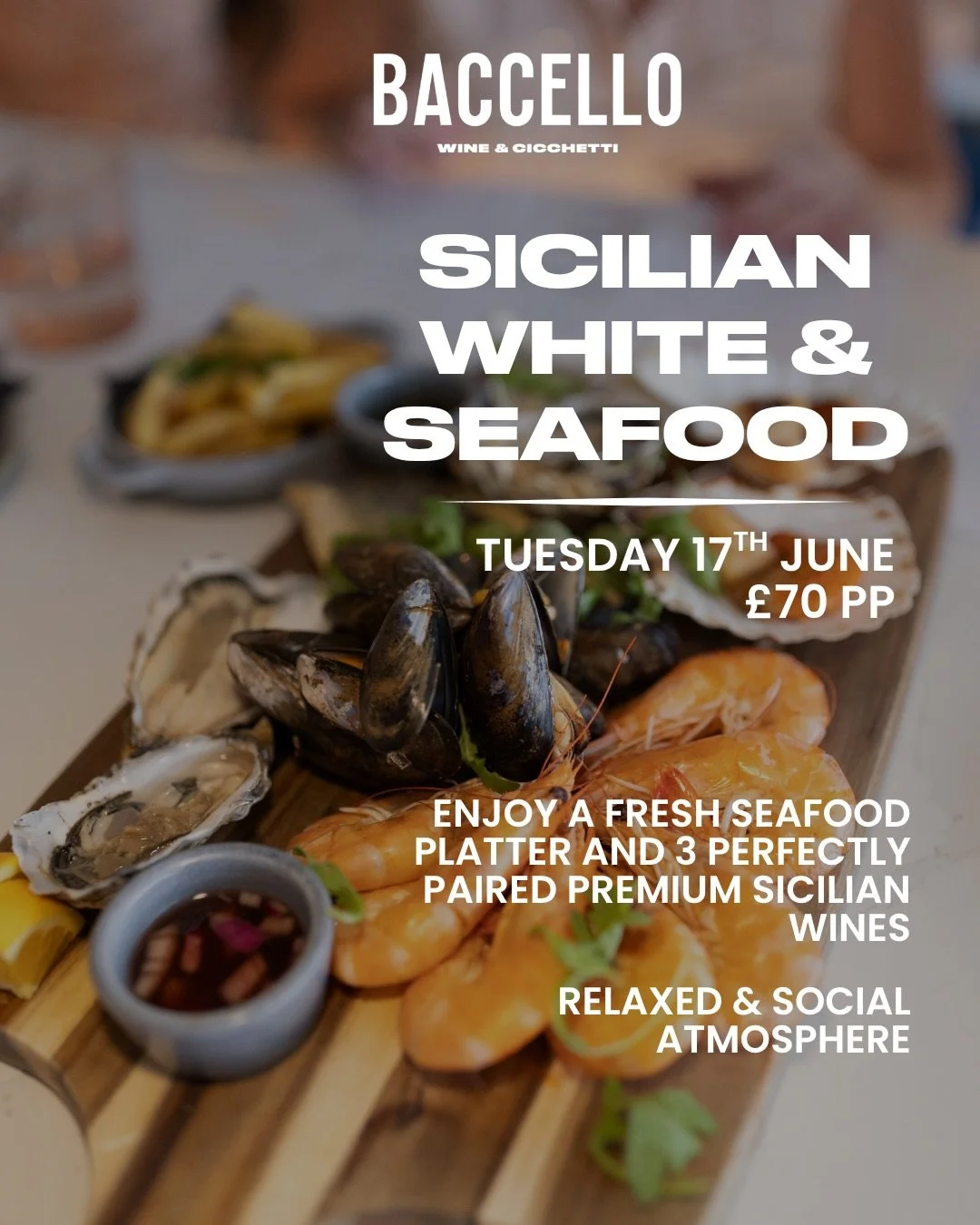 🦐🍷 SICILIAN WHITE &amp; SEAFOOD NIGHT 🍷🦐

One of our favourite summer pairings is coming to Baccello.

Join us on Tuesday 17th June for a relaxed evening exploring the fresh, vibrant white wines of Sicily alongside a generous seafood platter pack