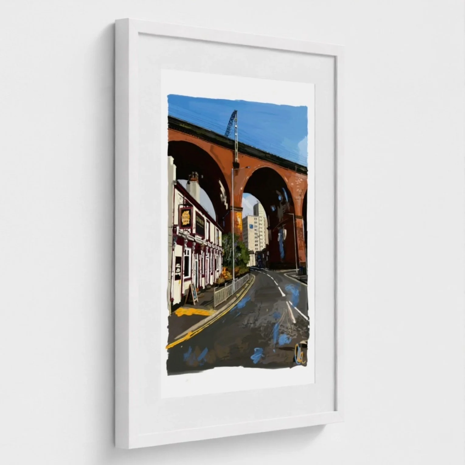Side view of Digital painting of Stockport Viaduct and Crown Inn by Chaz Newton-Smith, white frame.