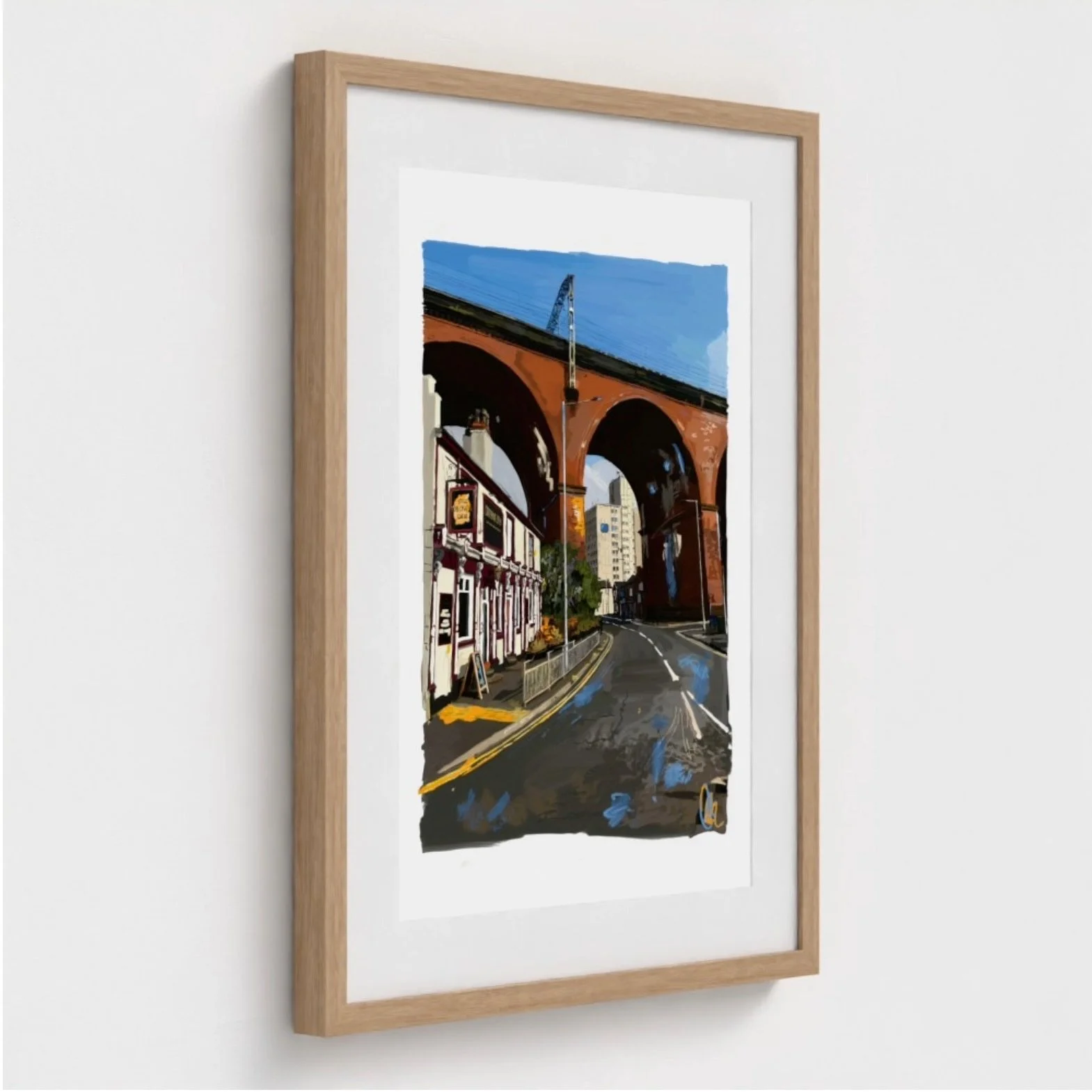 Side view Digital painting of Stockport Viaduct and Crown Inn by Chaz Newton-Smith, wooden frame.