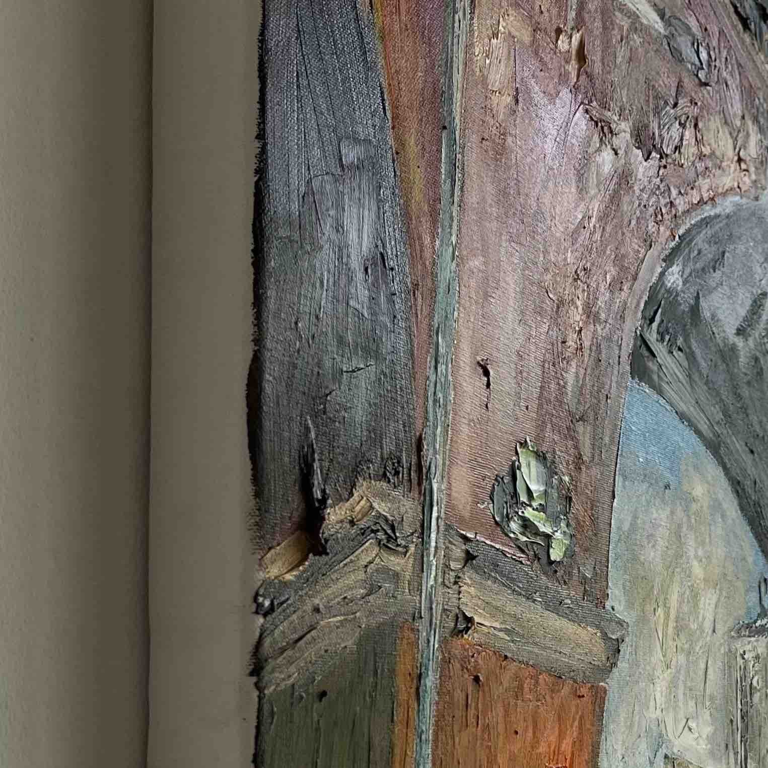 Close-up of painting Stockport viaduct oil on canvas by artist Chaz Newton-Smith