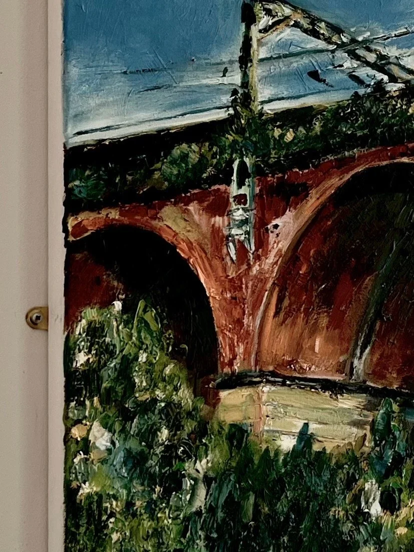 Close-up of oil painting stop or provide out to a double-decker bus by artist Chaz Newton-Smith