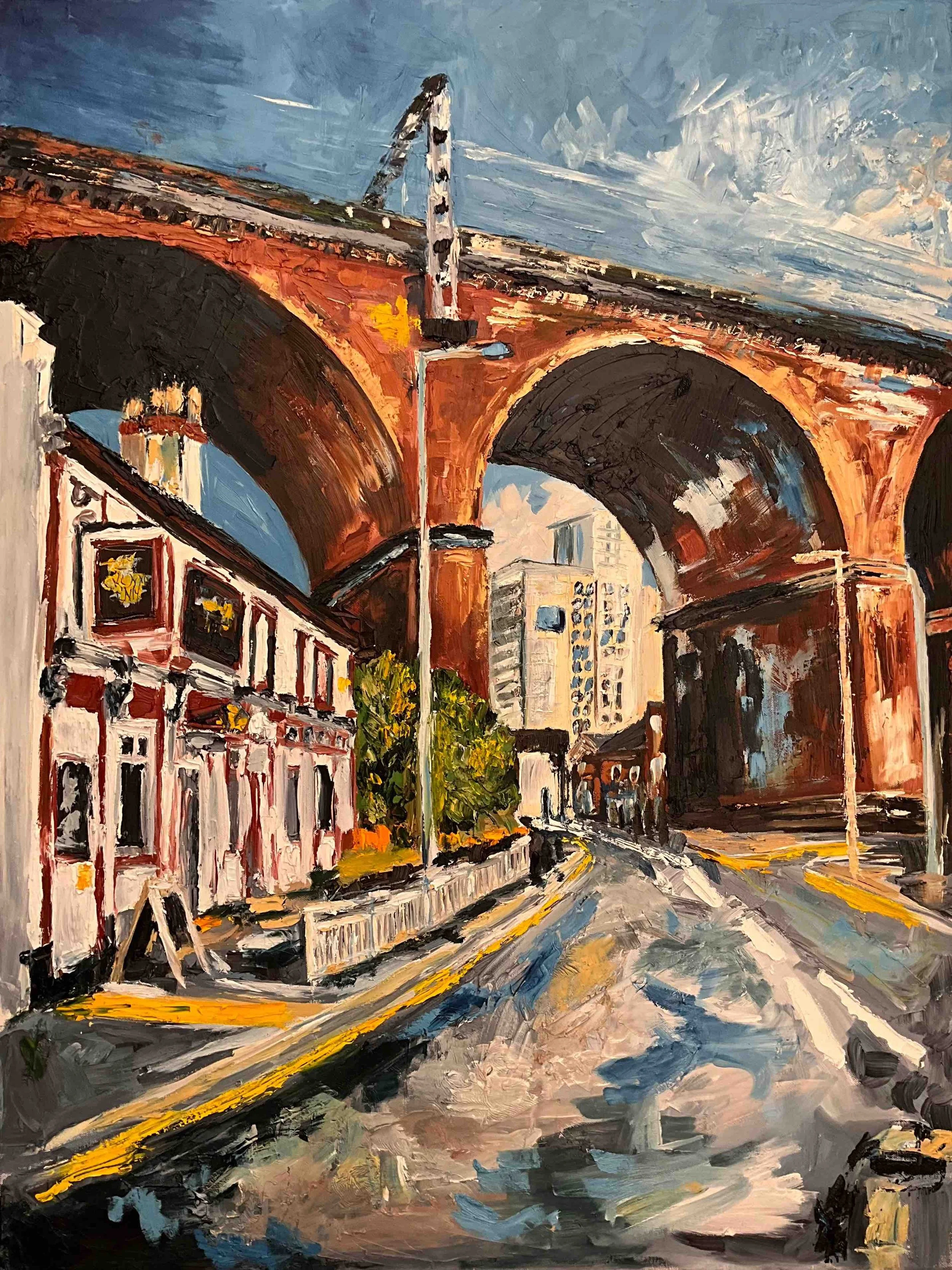 Stockport viaduct with crown inn, Oil on canvas