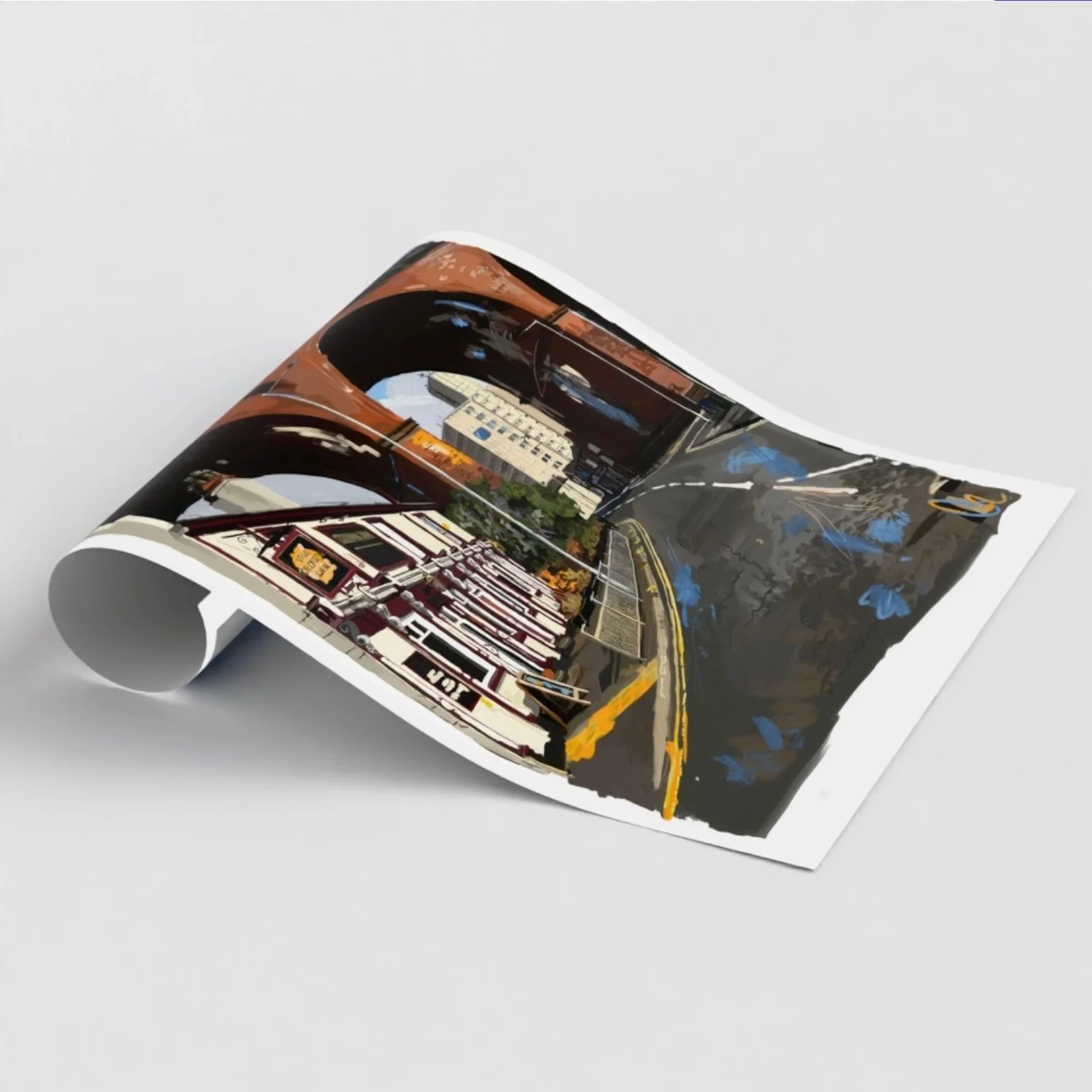 Side view of a digital print of the Stockport viaduct with crown inn by Chaz Newton-Smith. The print is rolled slightly on one side.