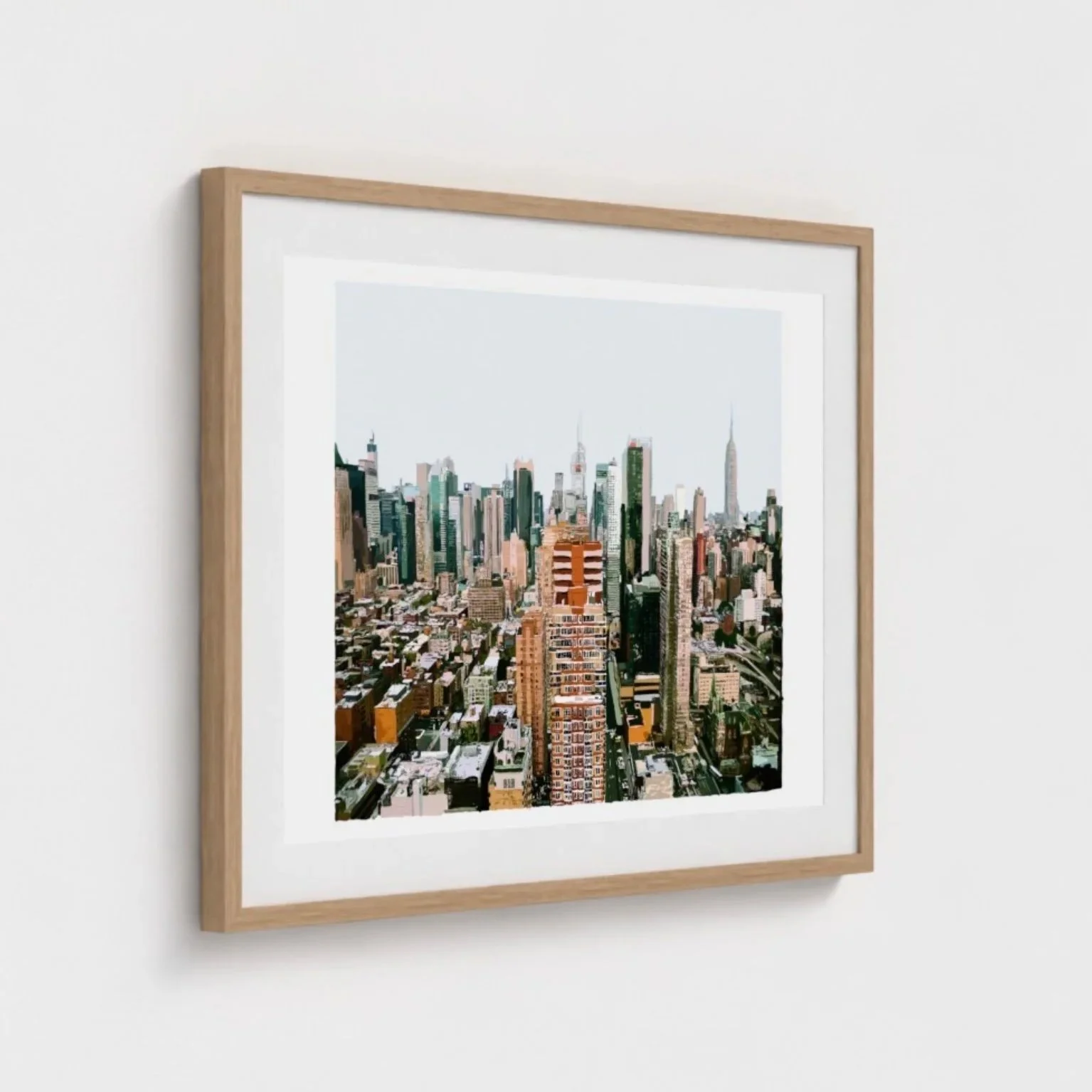 Side view of a digital print of the digital painting, New York New York by artist Chaz Newton-Smith, in a wooden box frame.