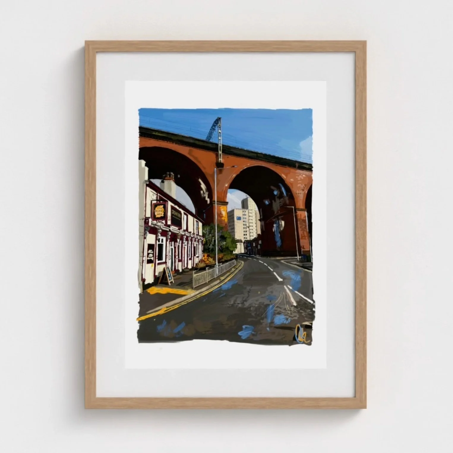 Digital painting of Stockport Viaduct and Crown Inn by Chaz Newton-Smith, wooden frame.