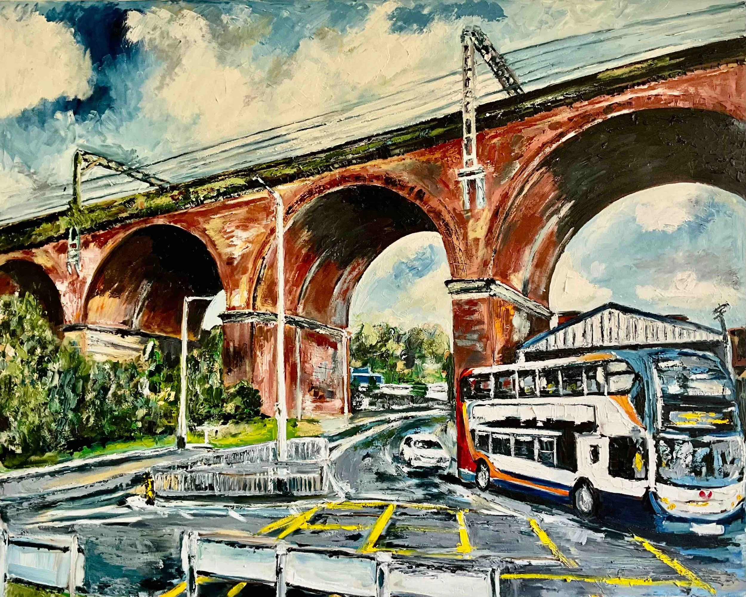 Photograph of an oil painting by artist Chaz Newton-Smith entitled Stockport viaduct with double-decker bus oil on canvas.