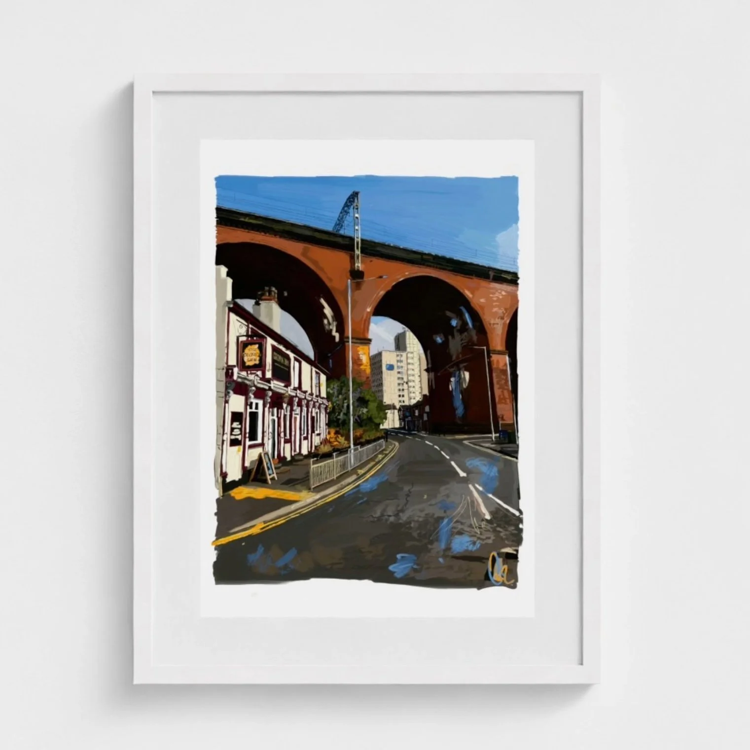 Digital painting of Stockport Viaduct and Crown Inn by Chaz Newton-Smith, white frame.