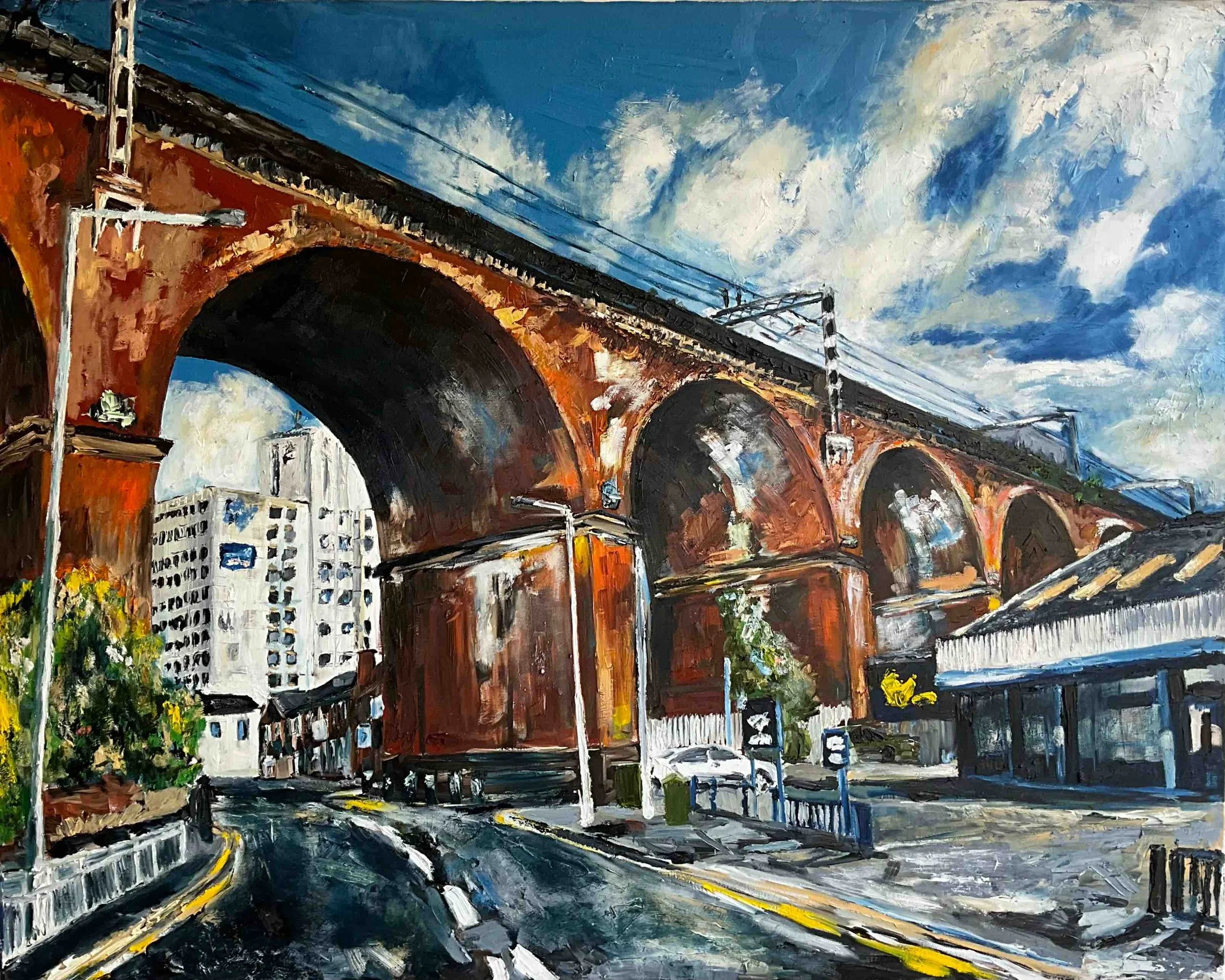 Original oil painting by artist Chaz Newton-Smith of the Stockport viaduct painted with oil on canvas. Size is 1.5 x 1.2 m.