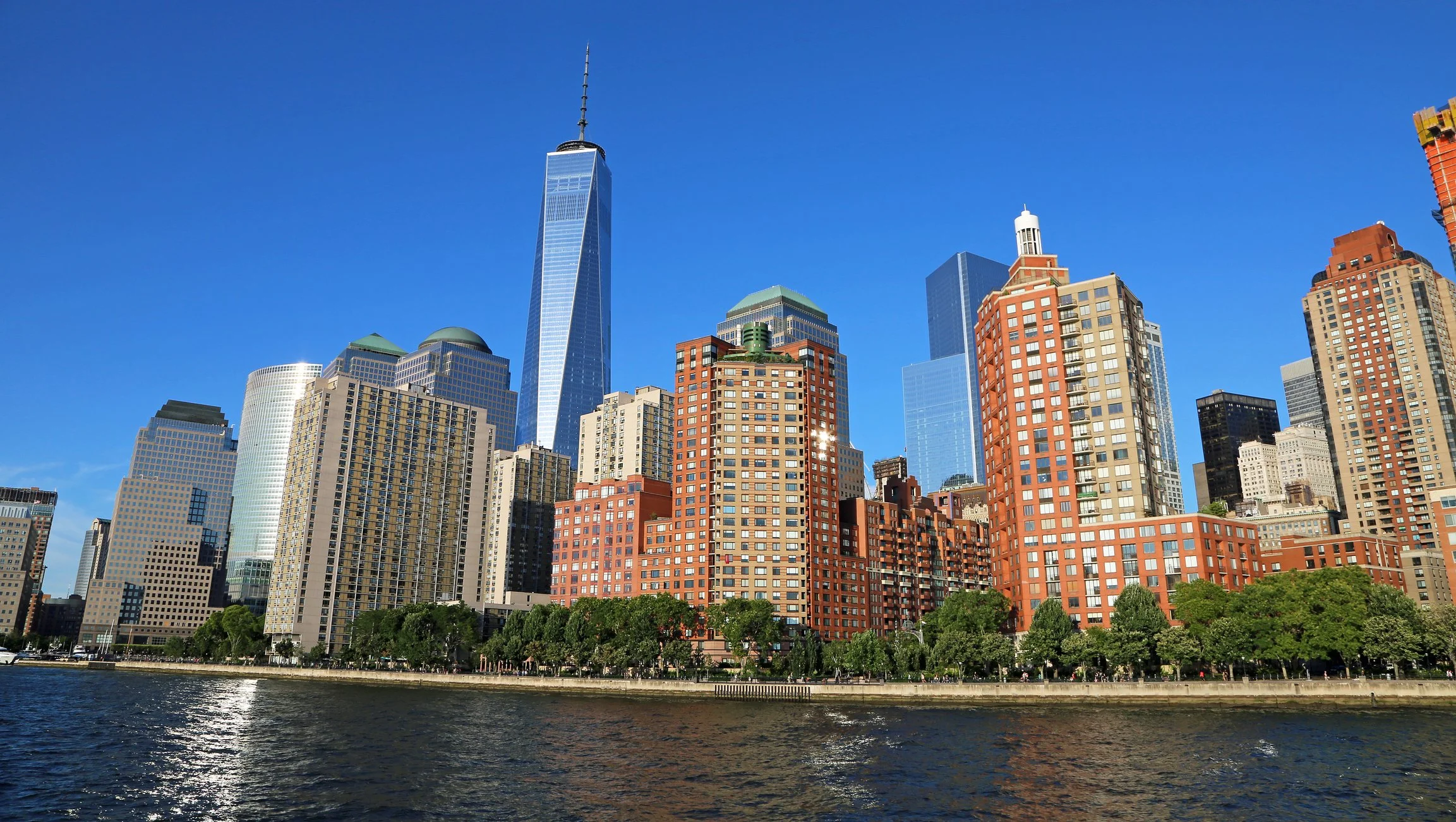 Photo of New York City skyline with tall skyscrapers, including One World Trade Center, and trees along the waterfront, under a blue sky.