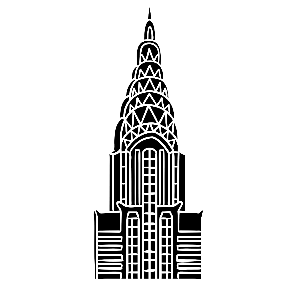 Line drawing of the Empire State Building against a black background.