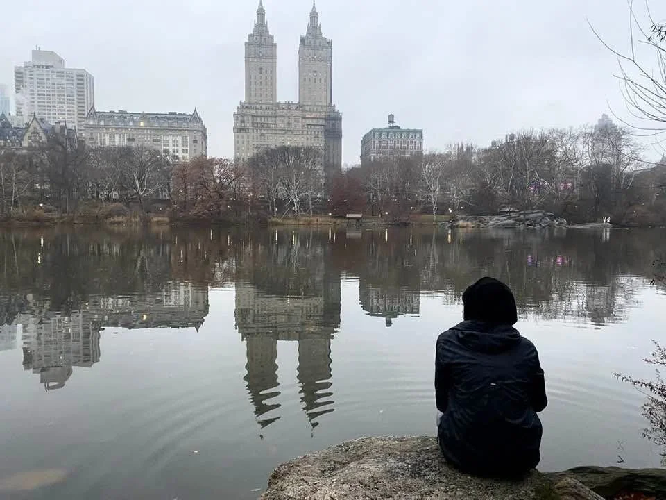 A person sitting on a rock by a lake, looking at a cityscape with tall buildings and their reflection in the water on a cloudy day.
