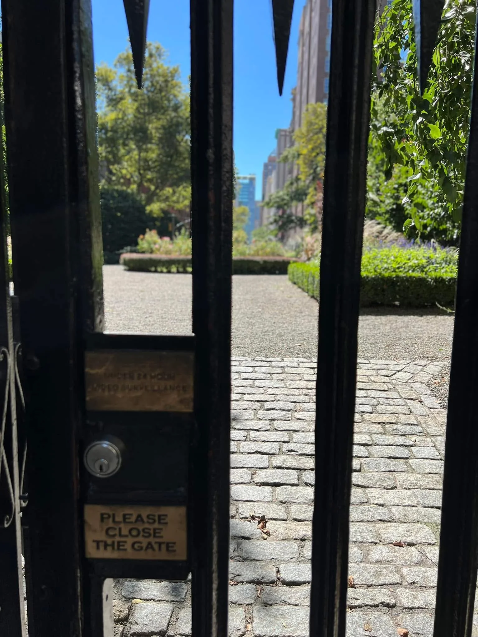 View through a black iron gate showing a garden with trees and bushes, paved walkway, and tall buildings in the background on a sunny day.