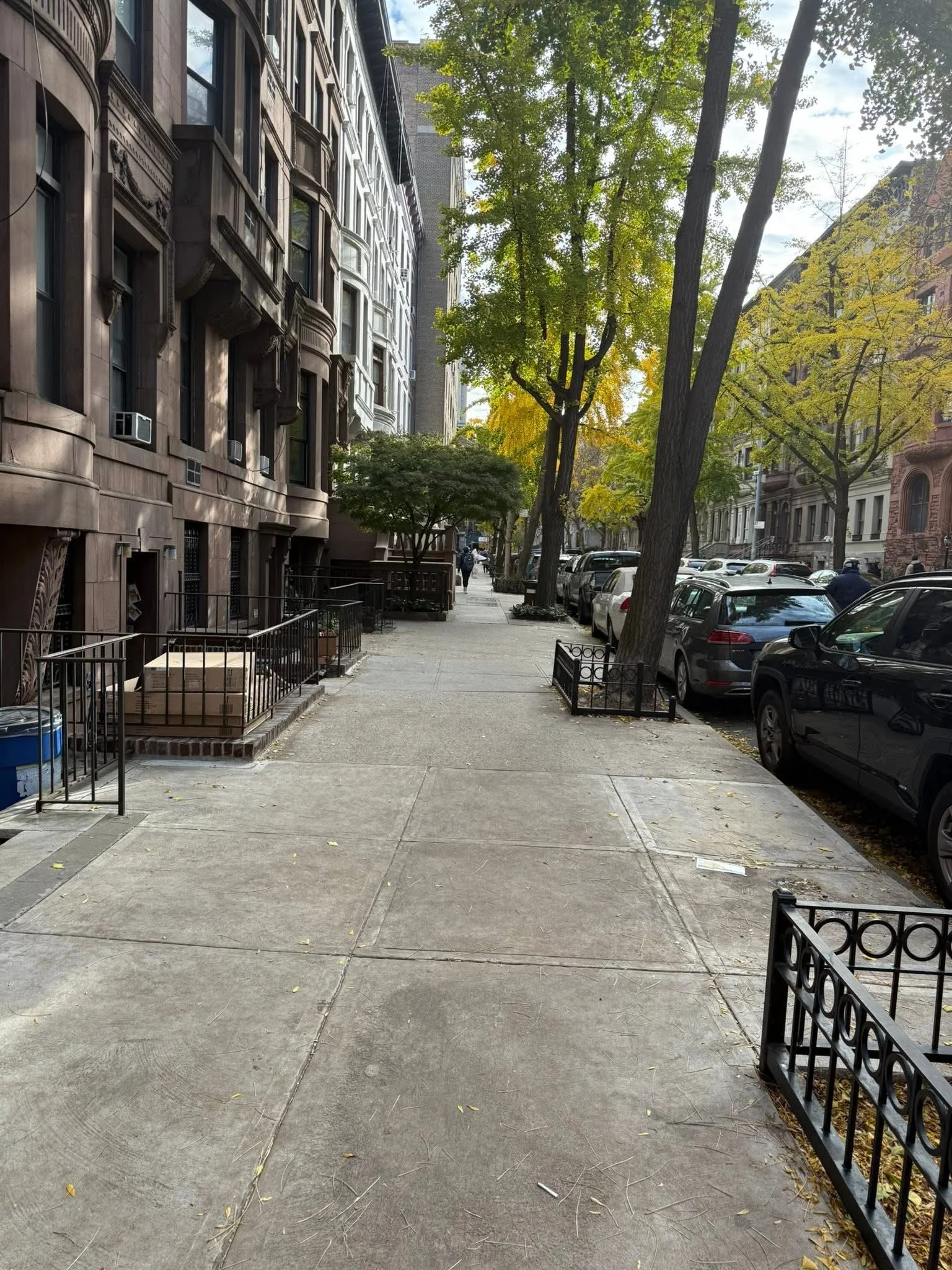City sidewalk lined with parked cars and trees with green and yellow leaves, brownstone buildings on the left, and a person walking in the distance.