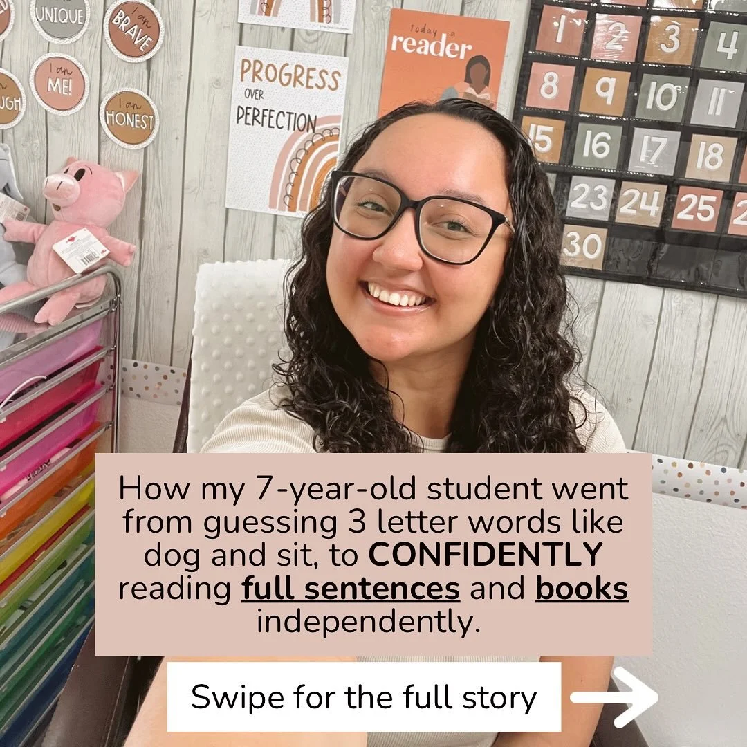 From guessing to reading all by herself! 💛
Before we started, this second grade student knew her letters and sounds but could not read words. She would look at the first letter and simply guess.
Now? She’s blending, mastering phonics rules,