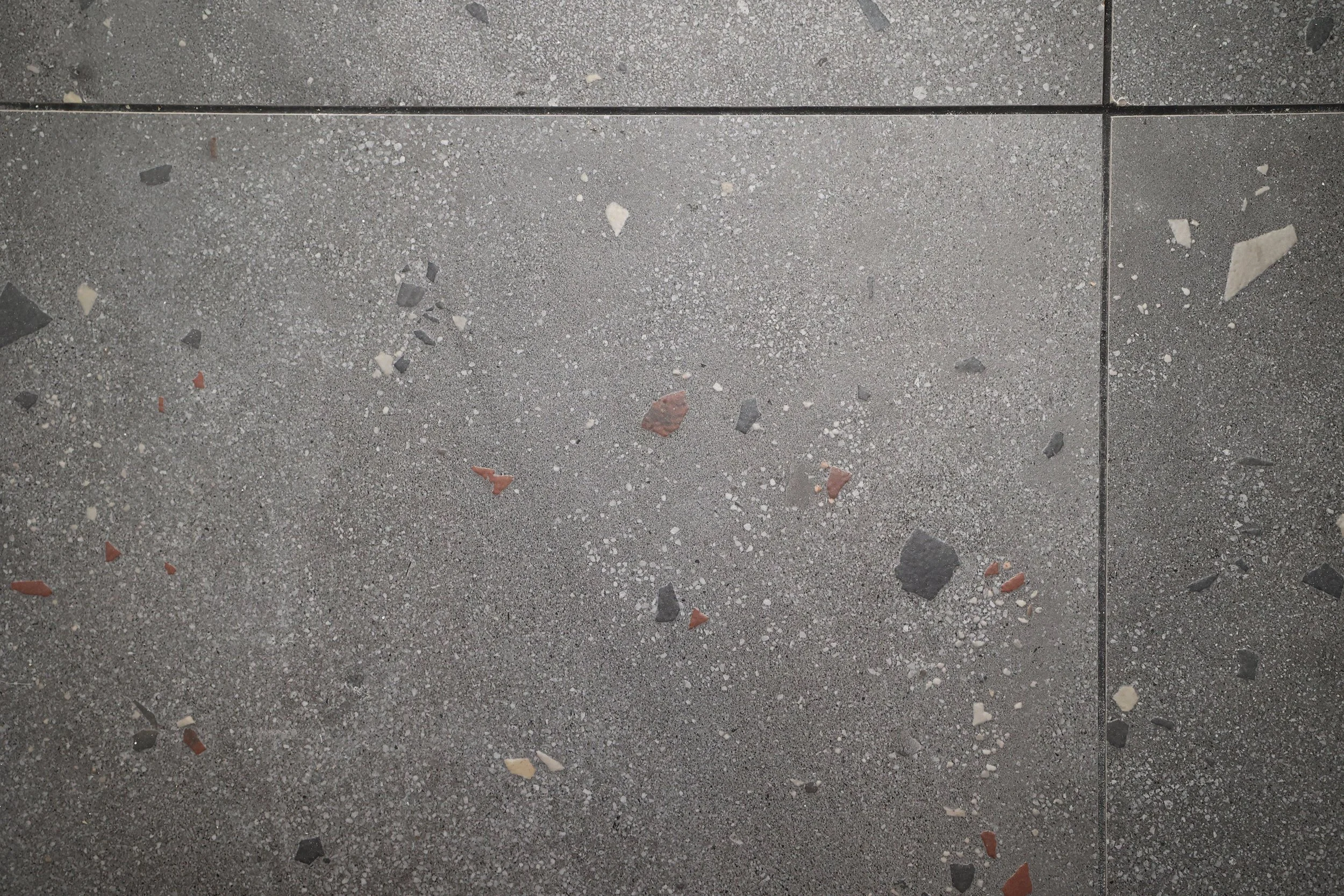 Large format terrazzo tile flooring in a Burke Vermont ski house bathroom renovation.