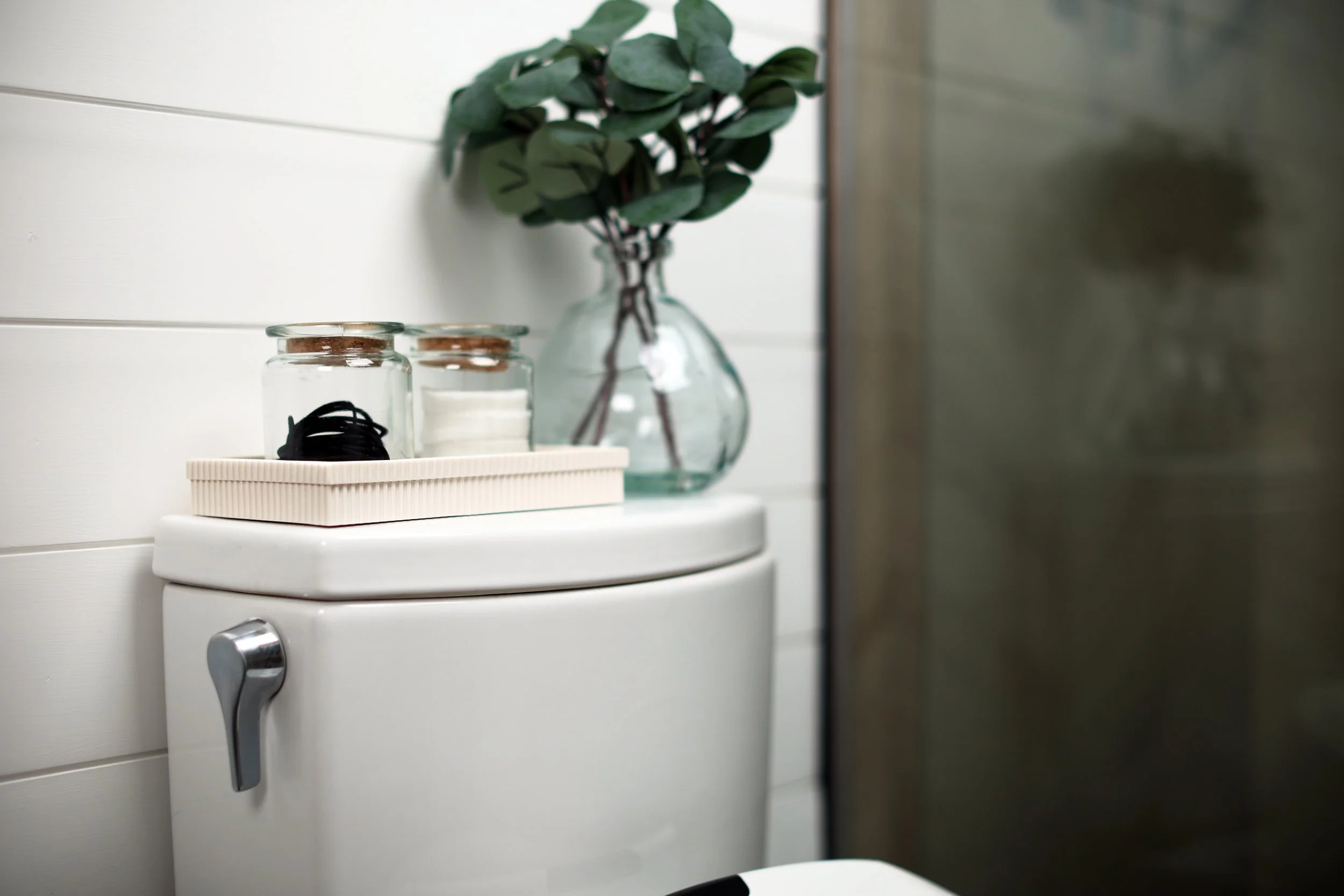 Toilet area with white shiplap wall in a ski house bathroom in Burke Vermont.