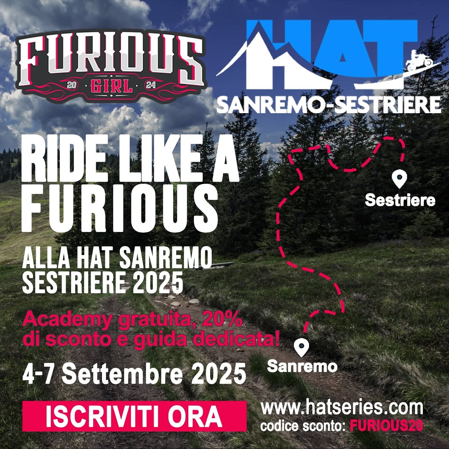 ☆HAT SANREMO-SESTRIERE☆
Speciale Furious Girl Club
⬇️
Quando: 4 &ndash; 7 settembre 2025
Dove: da Sanremo al Sestriere, passando per paesaggi mozzafiato!

Cosa ti aspetta:

🛠 Gioved&igrave; &ndash; HAT DAY ACADEMY (GRATUITA!!!) 
Una giornata di form
