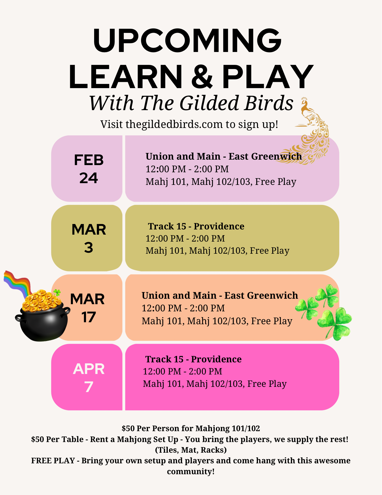 Upcoming Mahjong Learn & Play Options - 2/3, 2/24, 3/3, 3/17, 4/7