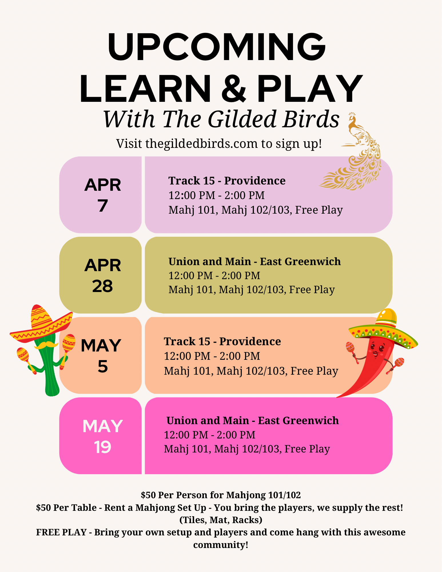 Upcoming Mahjong Learn & Play Options - 4/7, 4/28, 5/5, 5/19