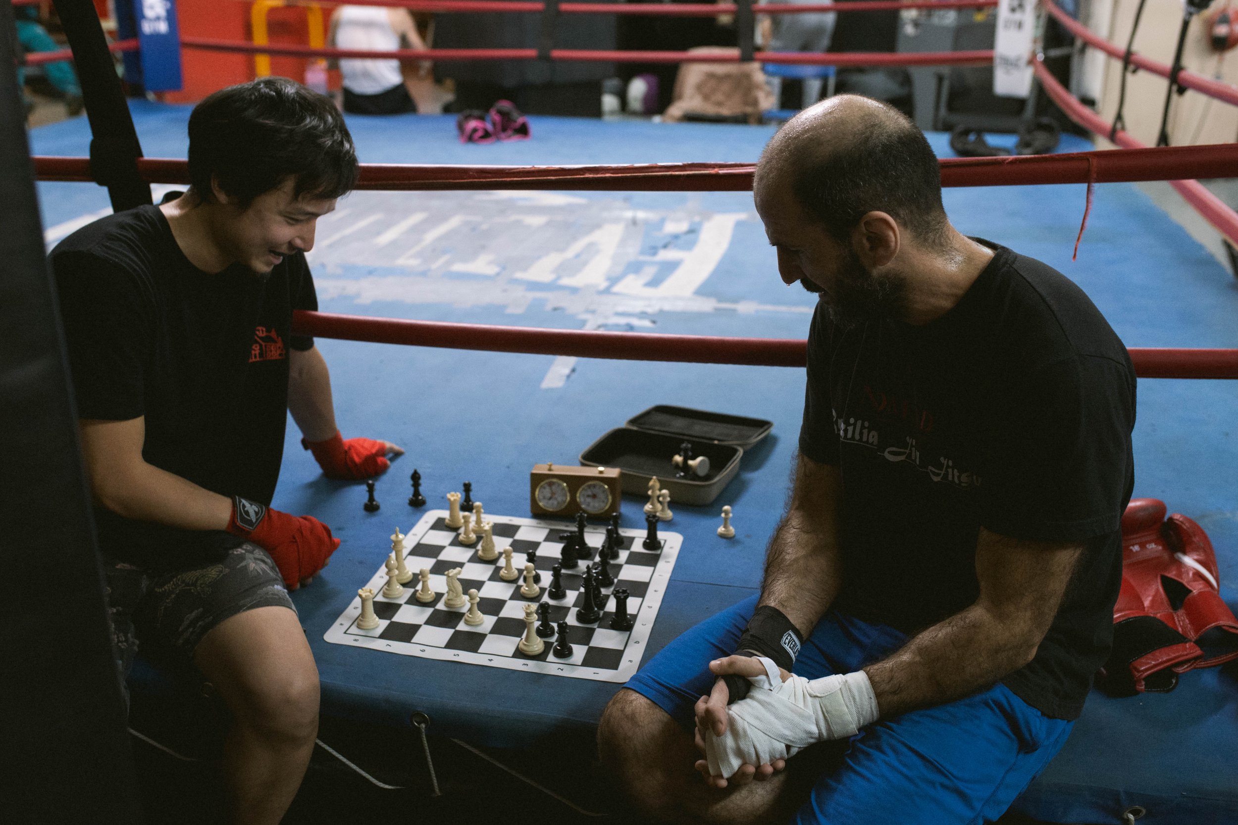 Two chessboxers playing chess in a boxing ring, one with red hand wraps and the other with white, focusing on the game.