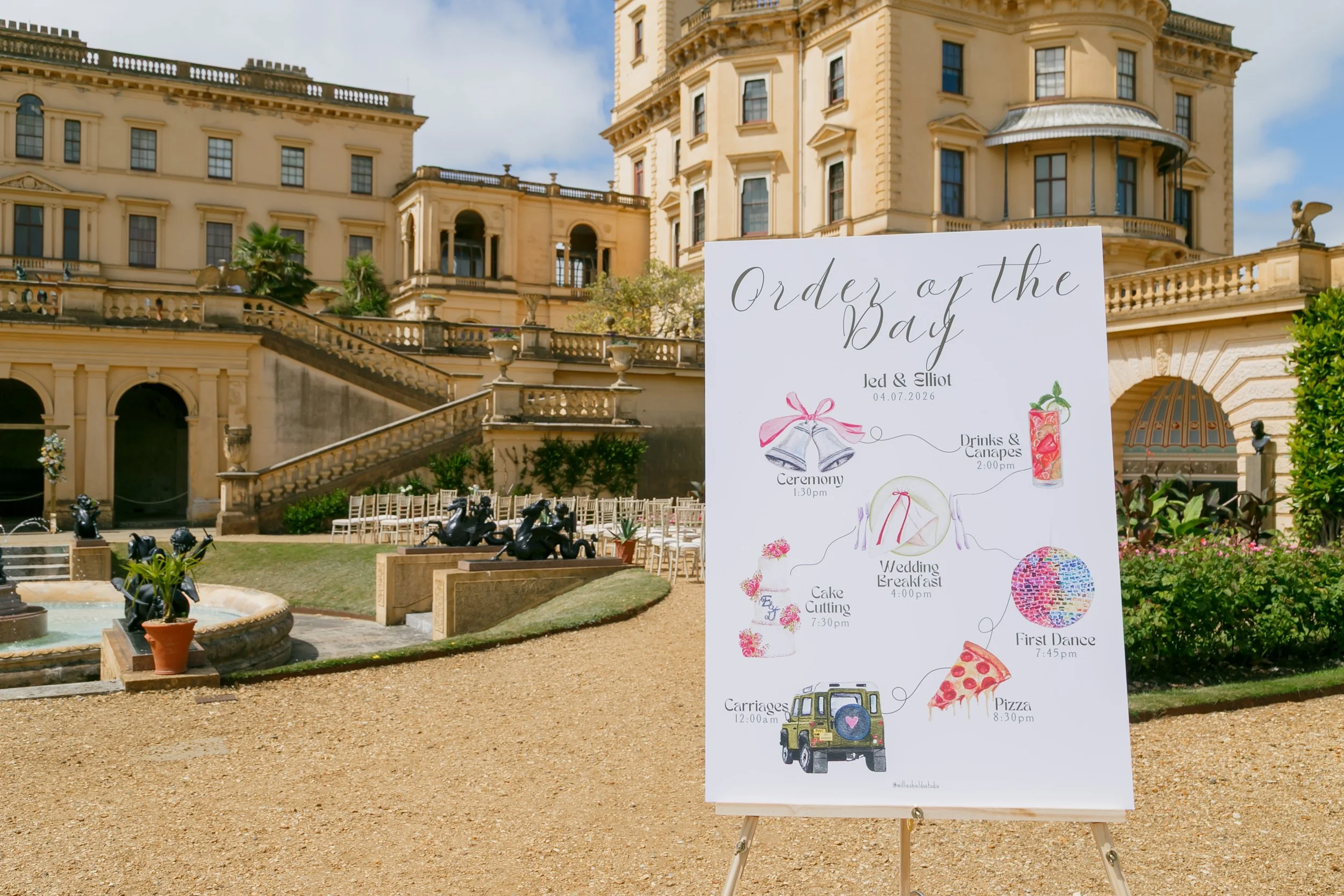 Illustrated wedding order-of-the-day sign displayed outside a Osbourne House
