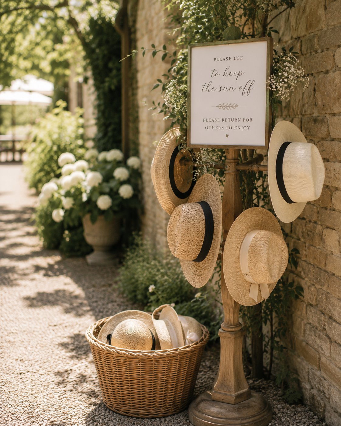 Straw hats displayed on a wooden hat stand for wedding guests to borrow for shade on a hot summer wedding day.