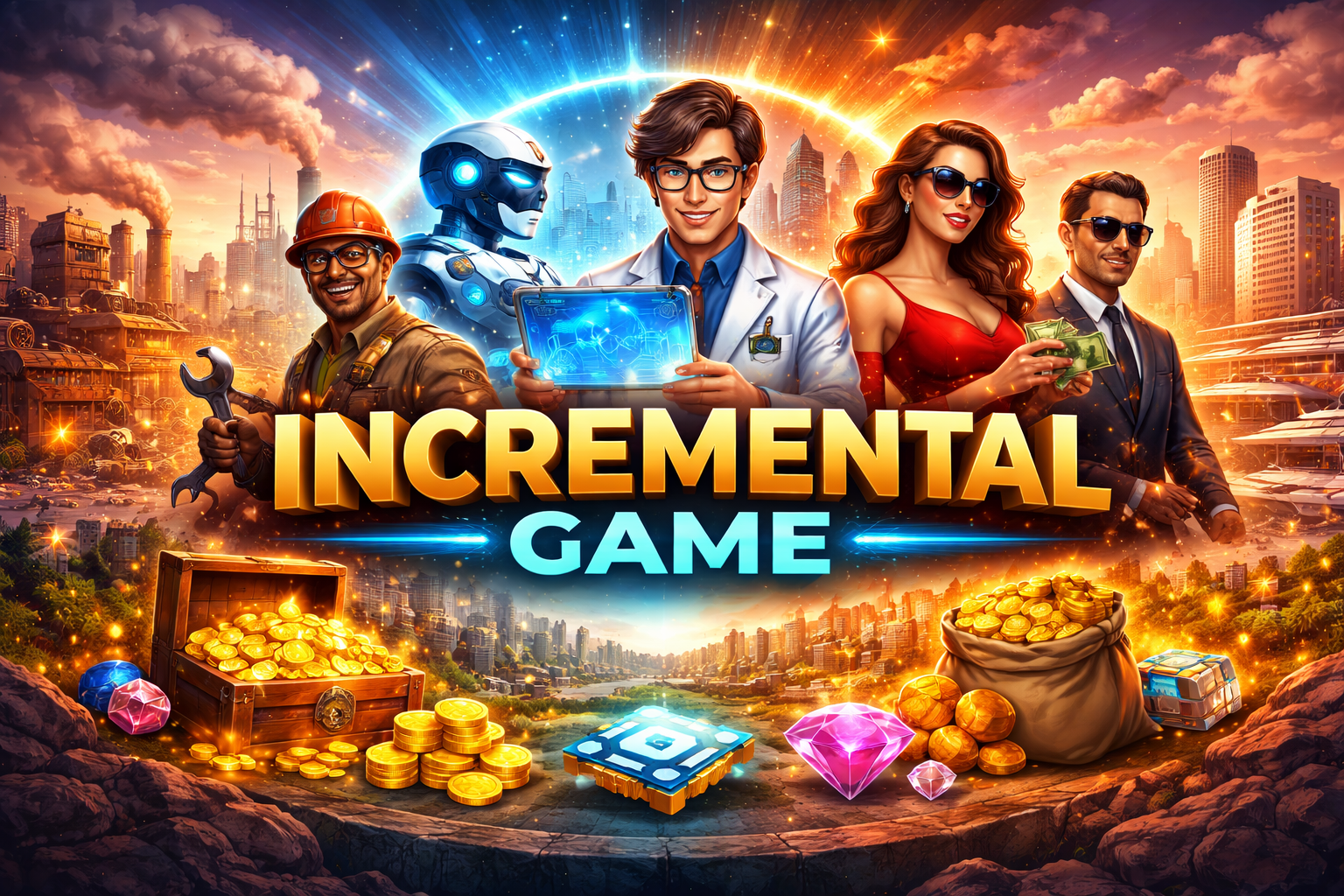 Digital illustration featuring diverse characters including a construction worker, a robot, a scientist, a woman in red dress, and a businessman, with city skyline and futuristic elements. The image displays the text "Incremental Game" and has treasure chests, gold coins, and gems at the bottom.
