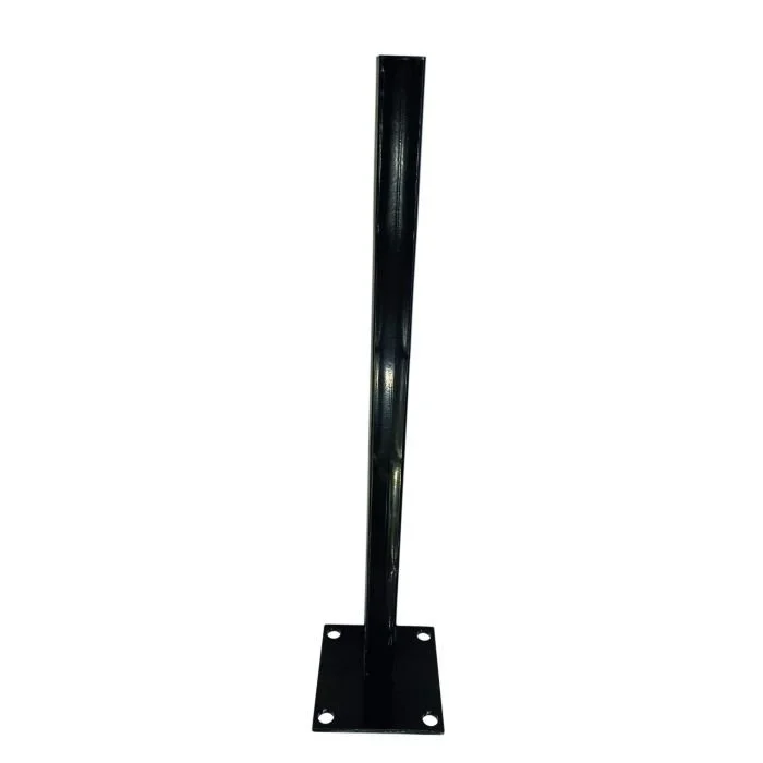 Black metal post with a flat base and four screw holes for mounting.