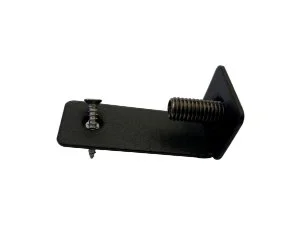 A black metal clamp with a spring-loaded screw and a right-angled arm.