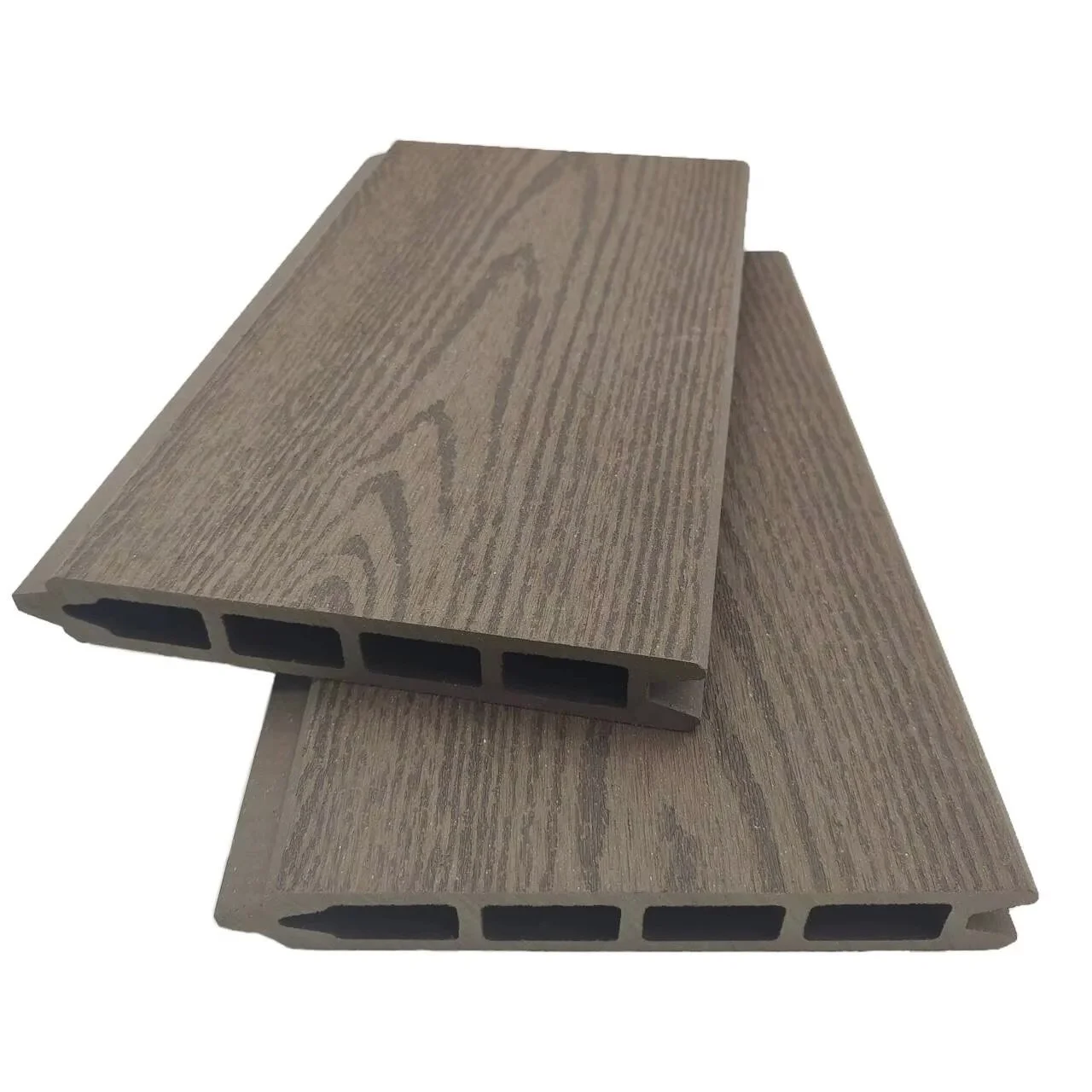 Wood-textured composite decking planks with hollow rectangular channels