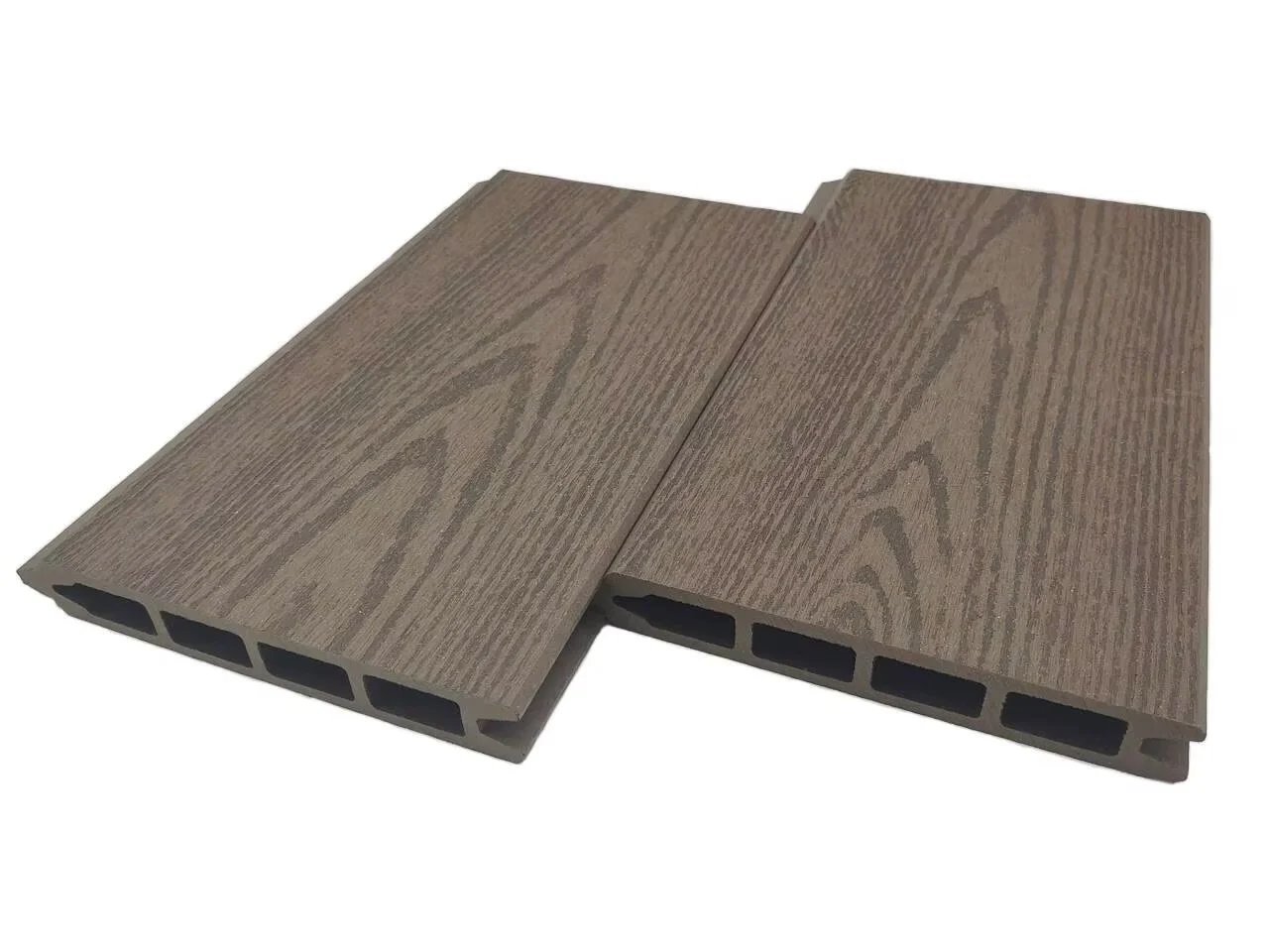 Two composite decking planks with a wood grain pattern and hollow underside, lying side by side on a white background.