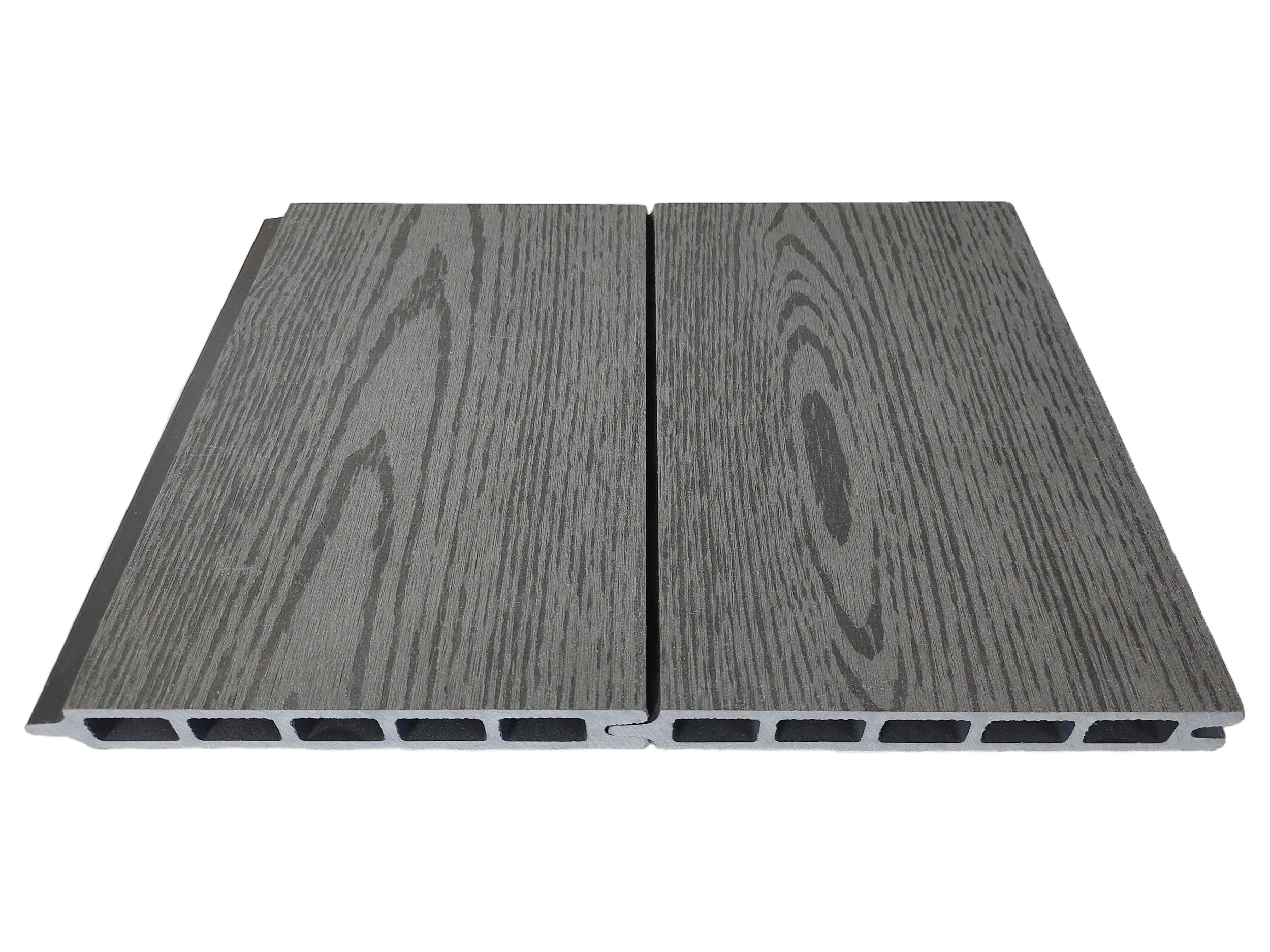 Two gray composite decking boards with wood grain texture placed side by side on a white background.
