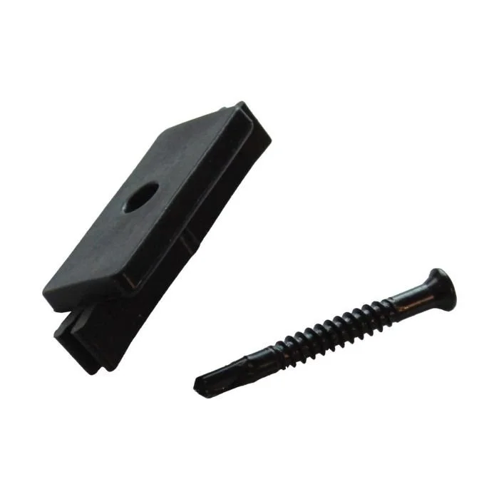 A black plastic latch with a hole and a black screw with a coiled thread.