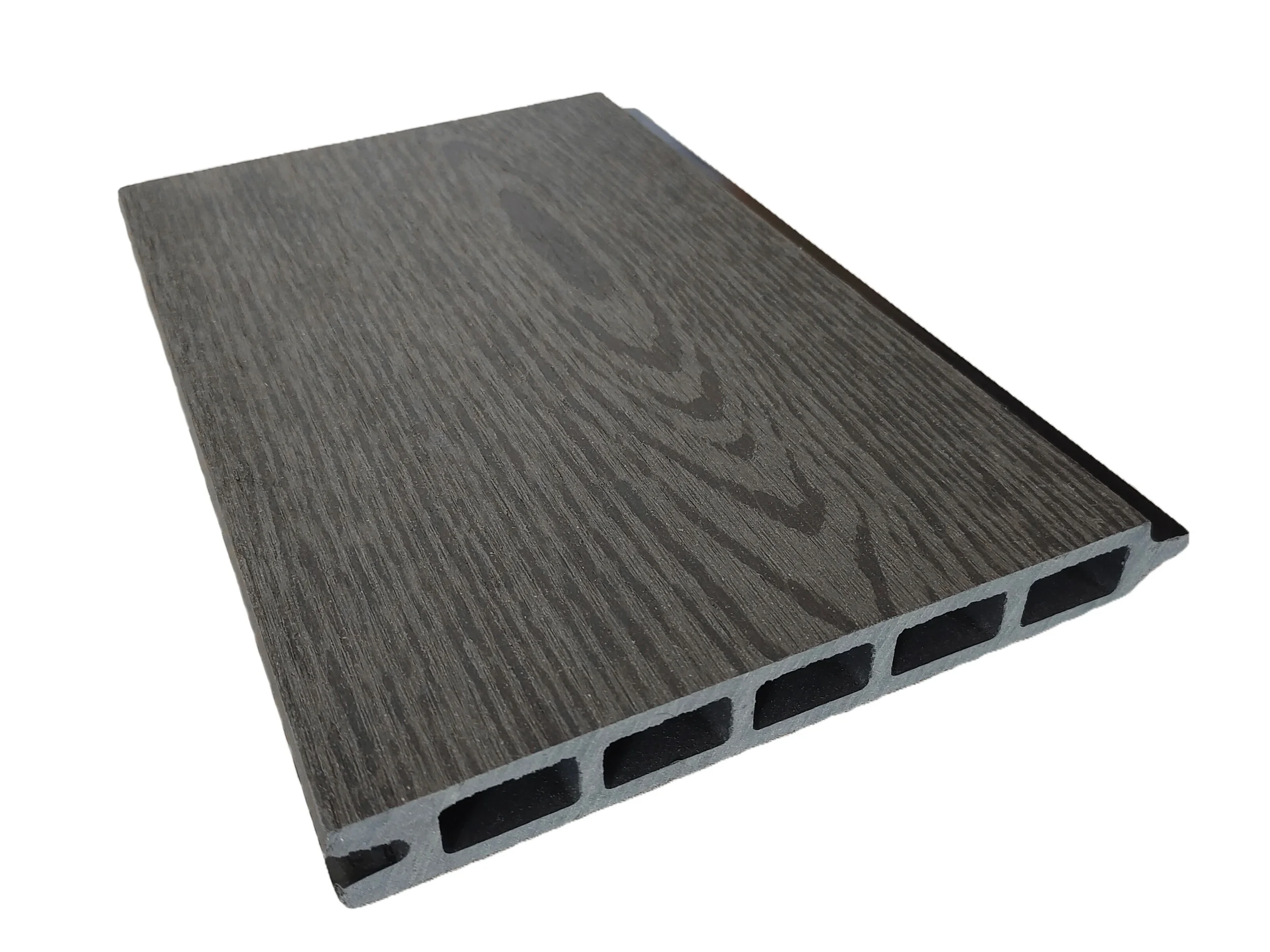 Close-up of a gray wooden textured composite decking plank showing hollow core structure.