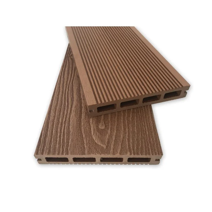 Two brown composite decking boards with wood grain textures, one with a grooved surface, isolated on a white background.