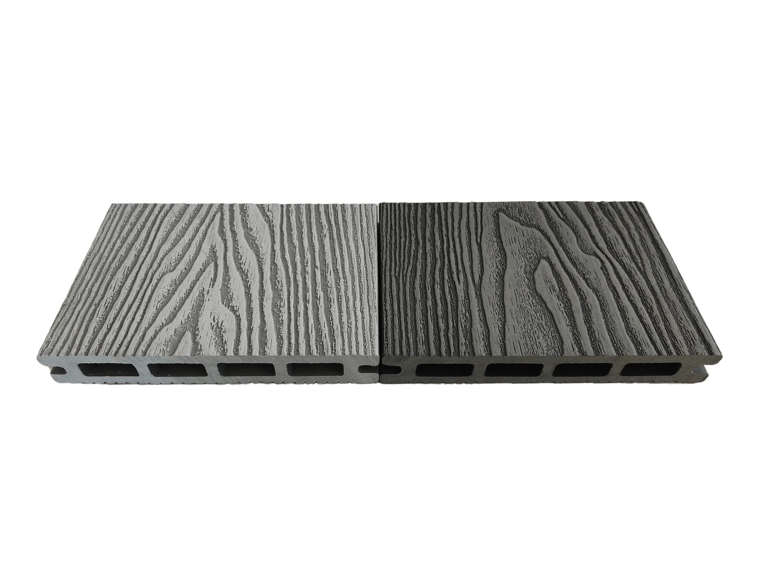 Two gray textured faux-wood PVC siding panels placed side by side on a white background.