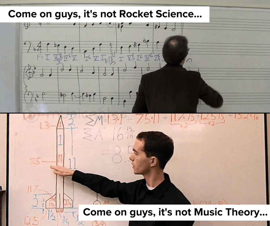 Two men teaching; the first man facing a music staff with musical notes, labeled 'Come on guys, it's not Rocket Science,' and the second man pointing at a whiteboard with math equations, labeled 'Come on guys, it's not Music Theory.'