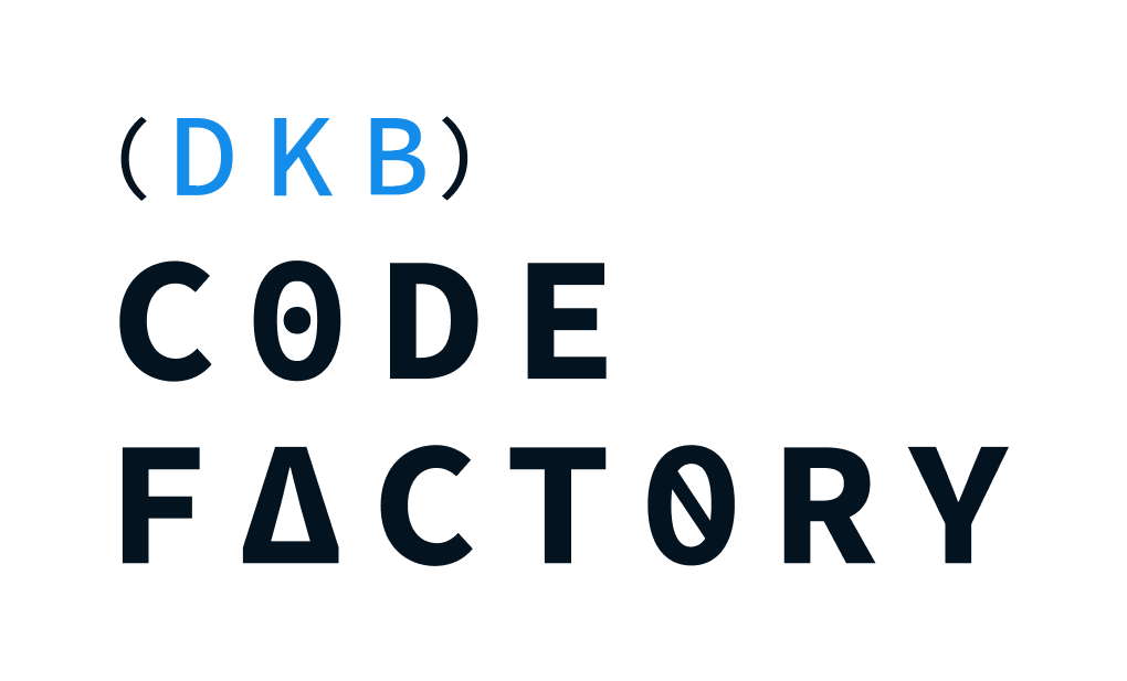 Logo for DKB Code Factory with stylized text and geometric shapes.