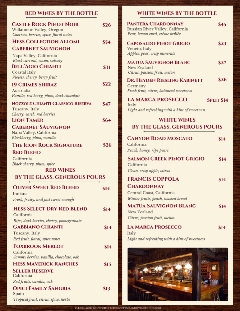 Menu listing various red and white wines by the bottle and by the glass with descriptions and prices, and a photo of a bar area. Page 2 of 2