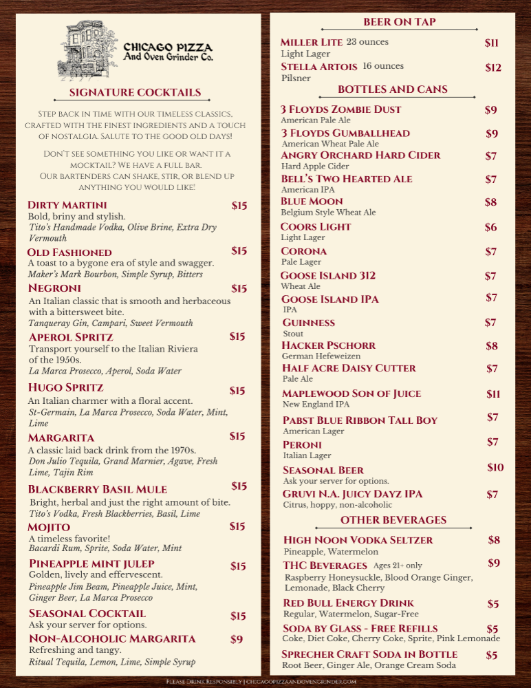 Page 1 of drink menu featuring signature cocktails, including beer, bottled drinks, cans, and other beverages like high noon vodka seltzer, THC beverages, and energy drinks. Page 1 of 2