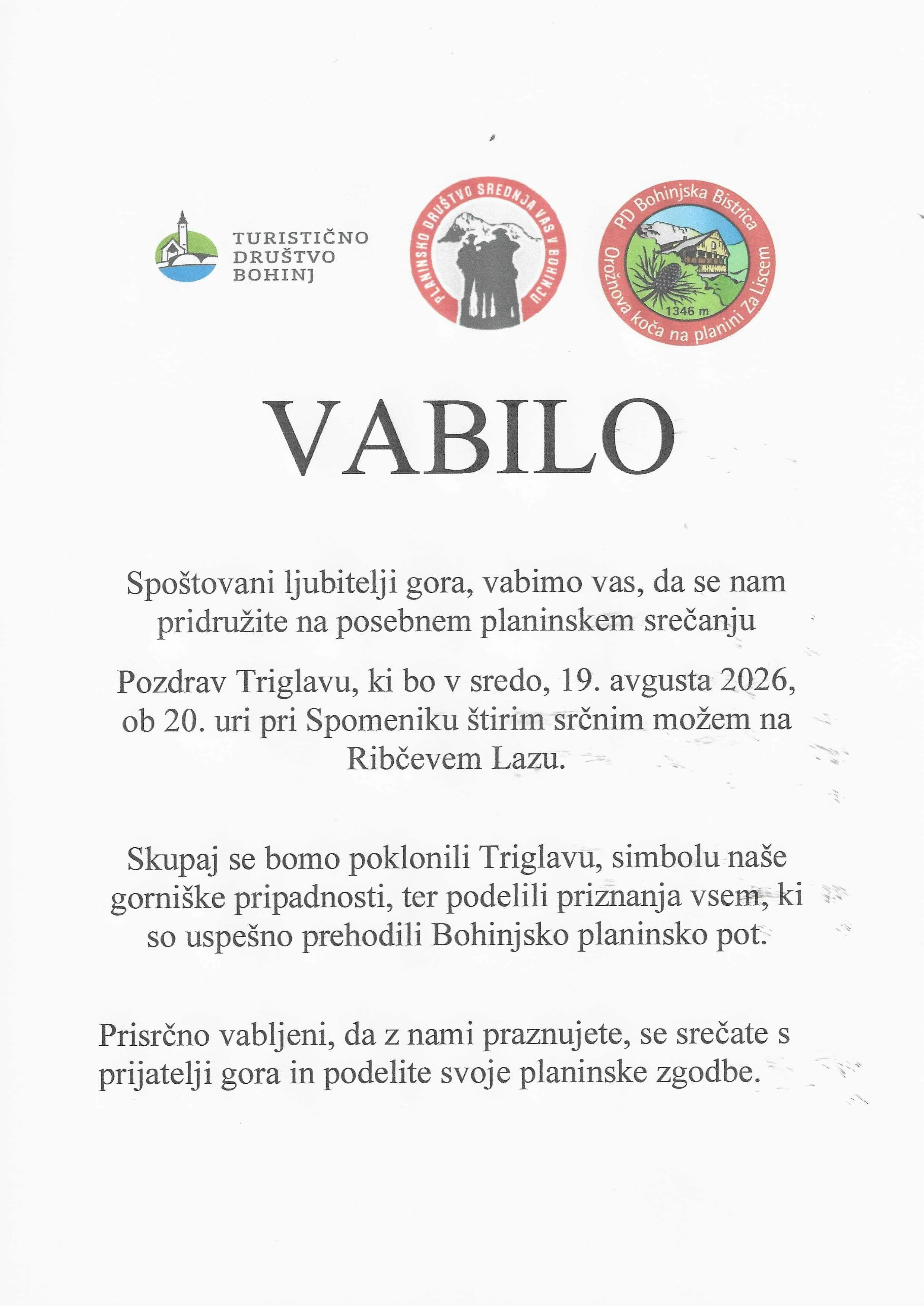 19.8. 2026, Pozdrav Triglavu - planinsko srečanje