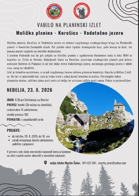 23.8. vabljeni na planinski izlet,  Molička planina-Korošica-Vodotočno jezero 