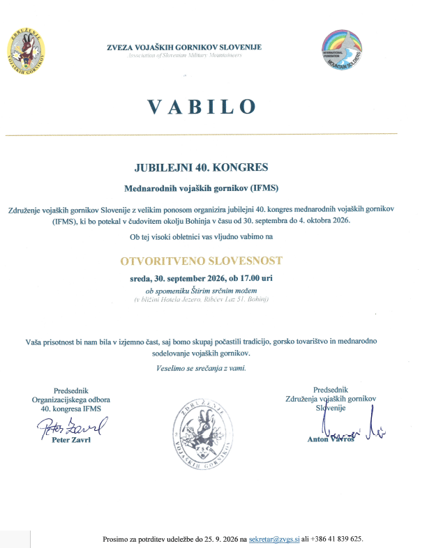 Vabljeni na jubilejni 40. kongres Mednarodnega združenja vojaških gornikov (IFMS) v Bohinju
