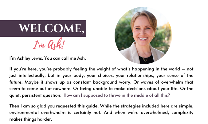 Picture of Free E-Guide Welcome Page.  "Welcome, I'm Ash!" Picture of white woman, short blonde hair, smiling, with a tan blazer and black shirt, and trees behind her.