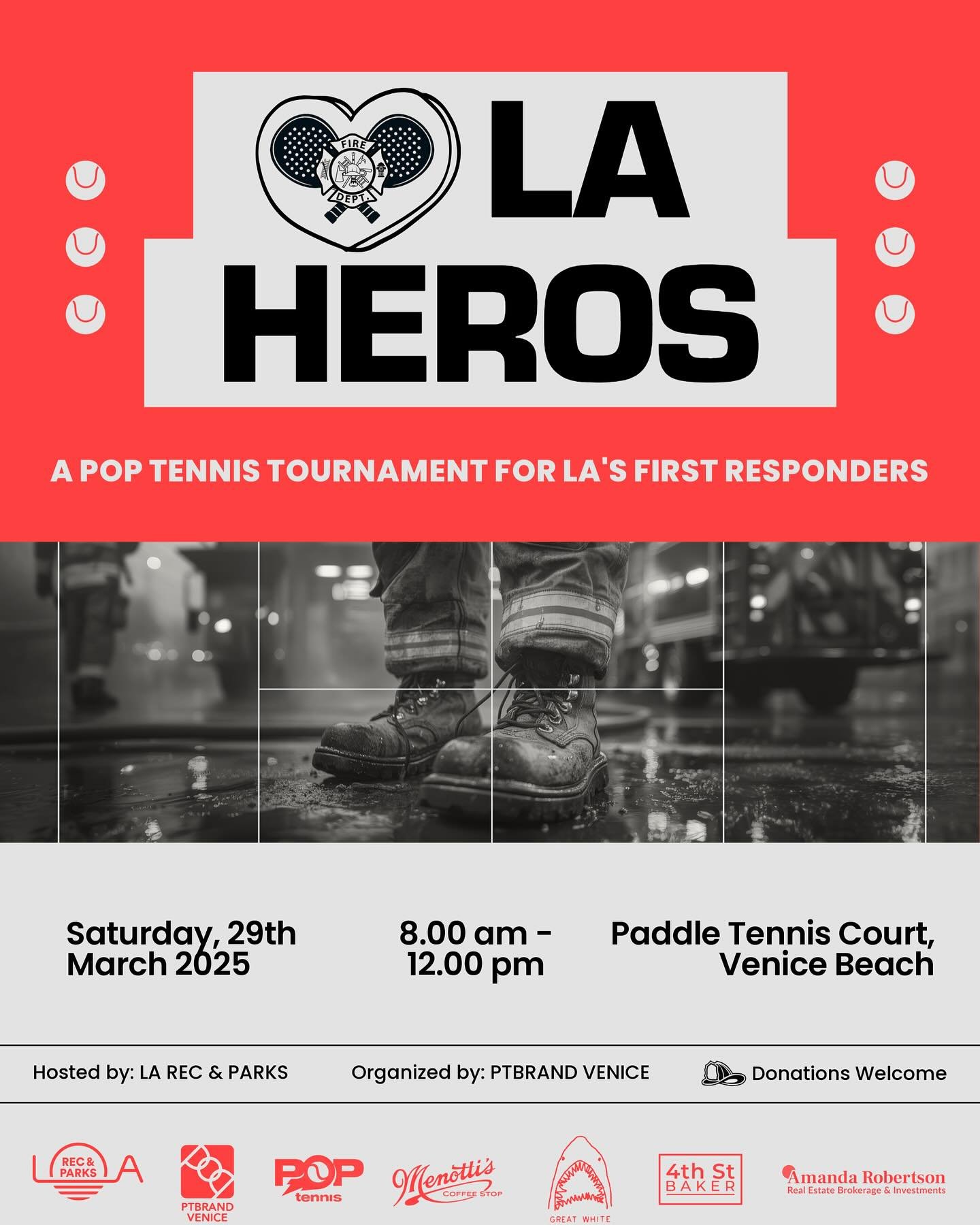 This Saturday, March 29th we&rsquo;re hitting the courts to celebrate LA&rsquo;s first responders with a morning of pop tennis, local favorites, and community support. 

📍 Paddle Tennis Courts &ndash; Venice 🕗 8:00 AM &ndash; 12:00 PM 
💸 Donations