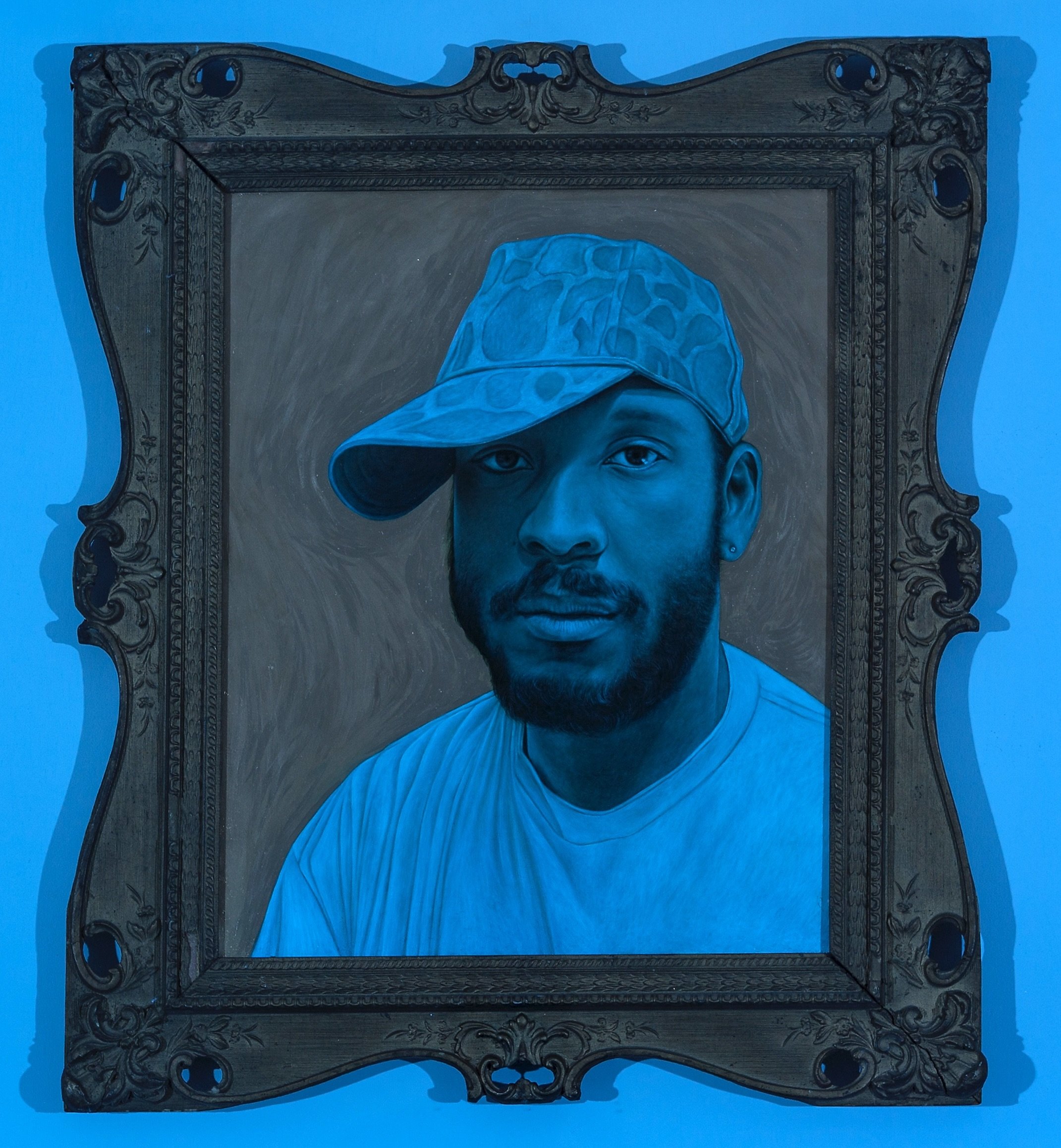 A Reliquary: Steven, oil over tempera grassa on panel, gold leaf, antique frame, with transparent blue Plexiglas, 20x30 inches, 2018