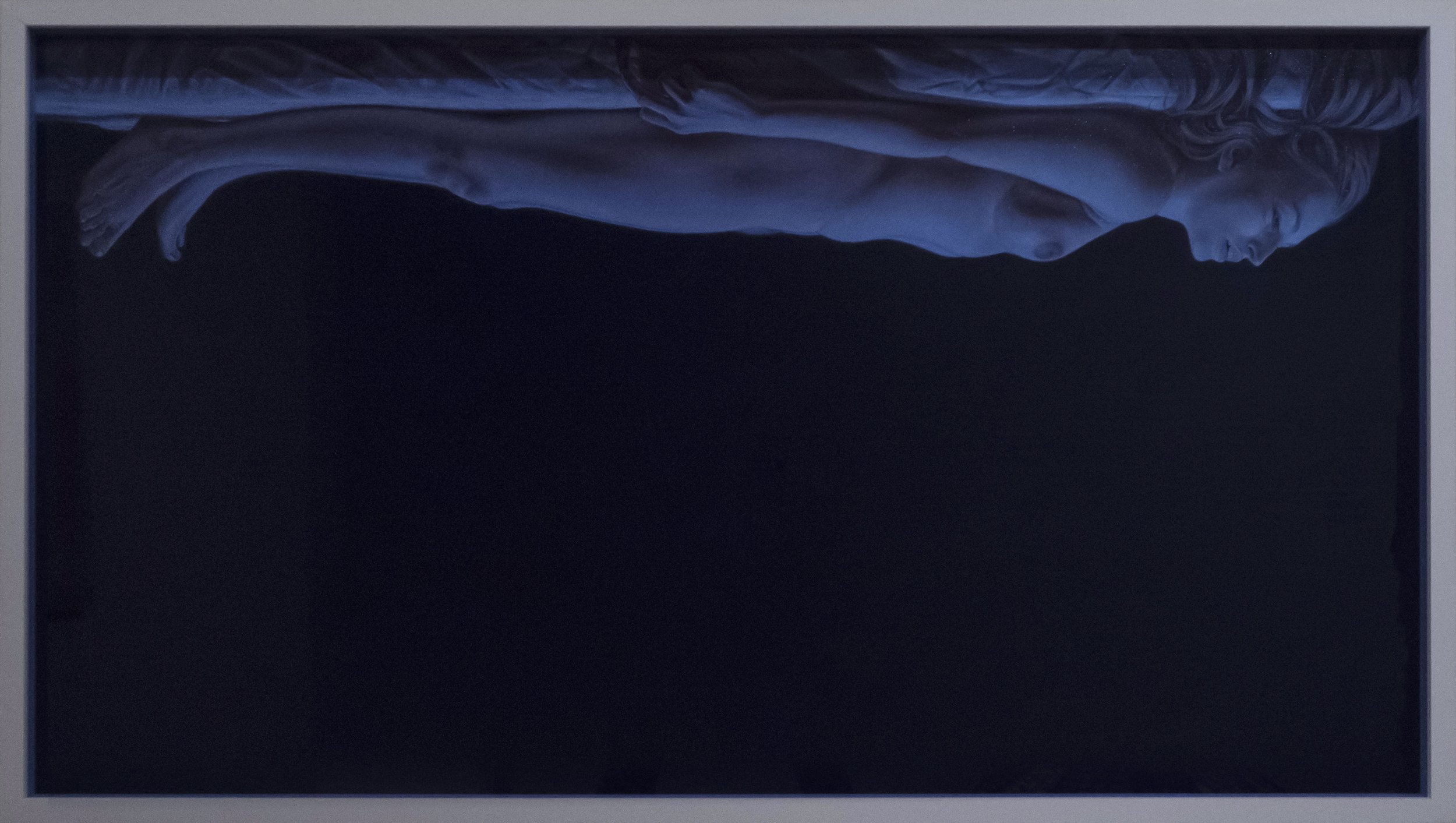 In Limbo, oil over tempera grassa on canvas with transparent blue Plexiglas, 84x46 inches, 2017